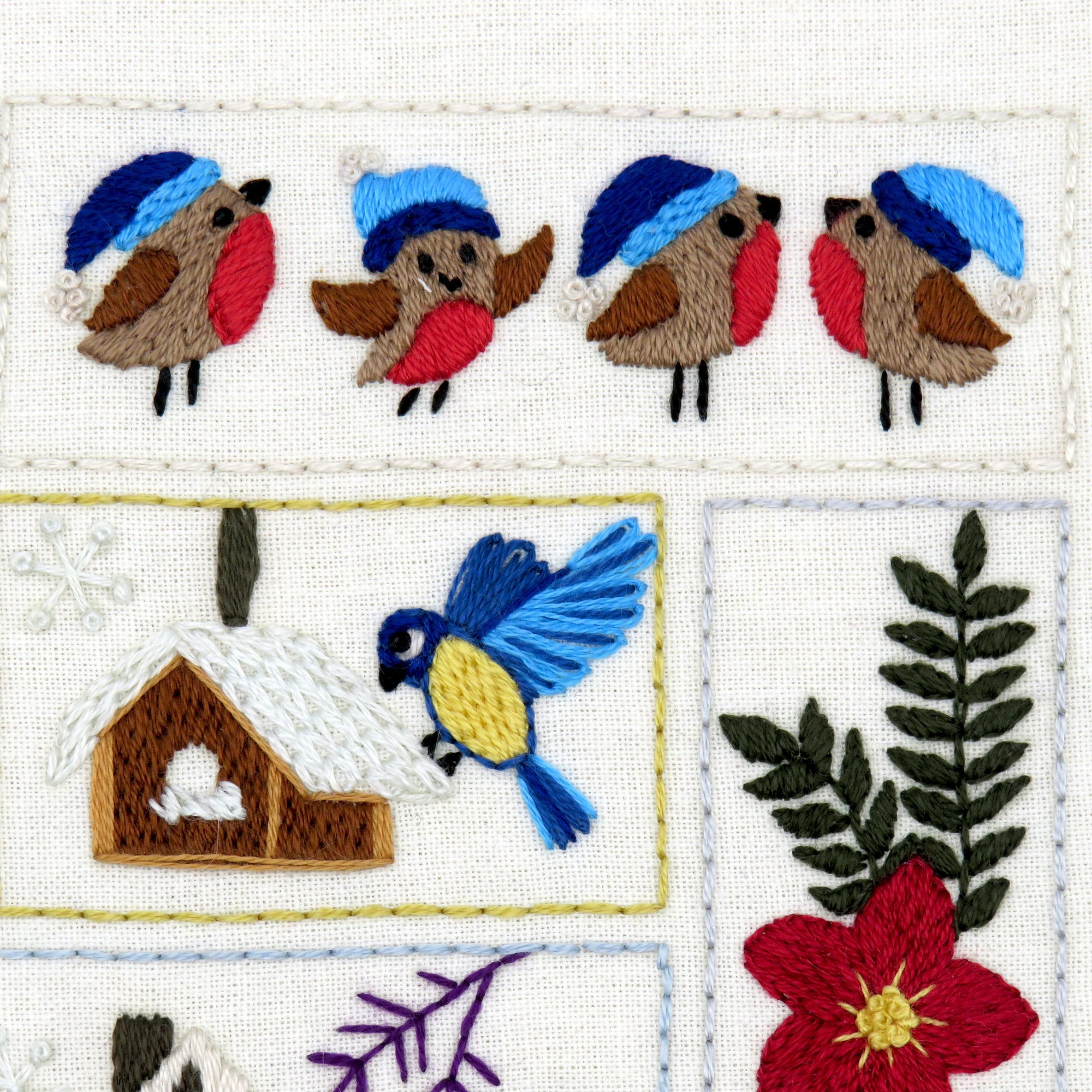 Embroidered design with birds, a birdhouse, and flowers on a white background