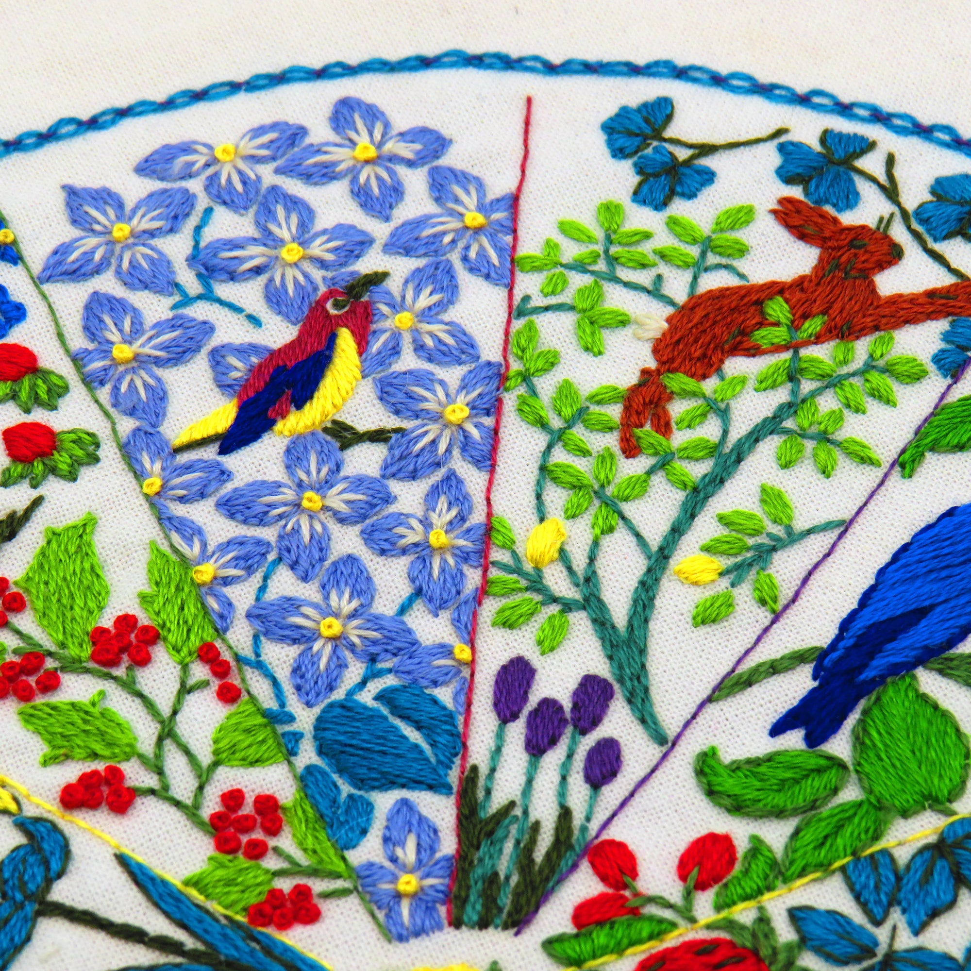 Embroidered panel with floral and nature-themed designs including flowers, birds, and deer.