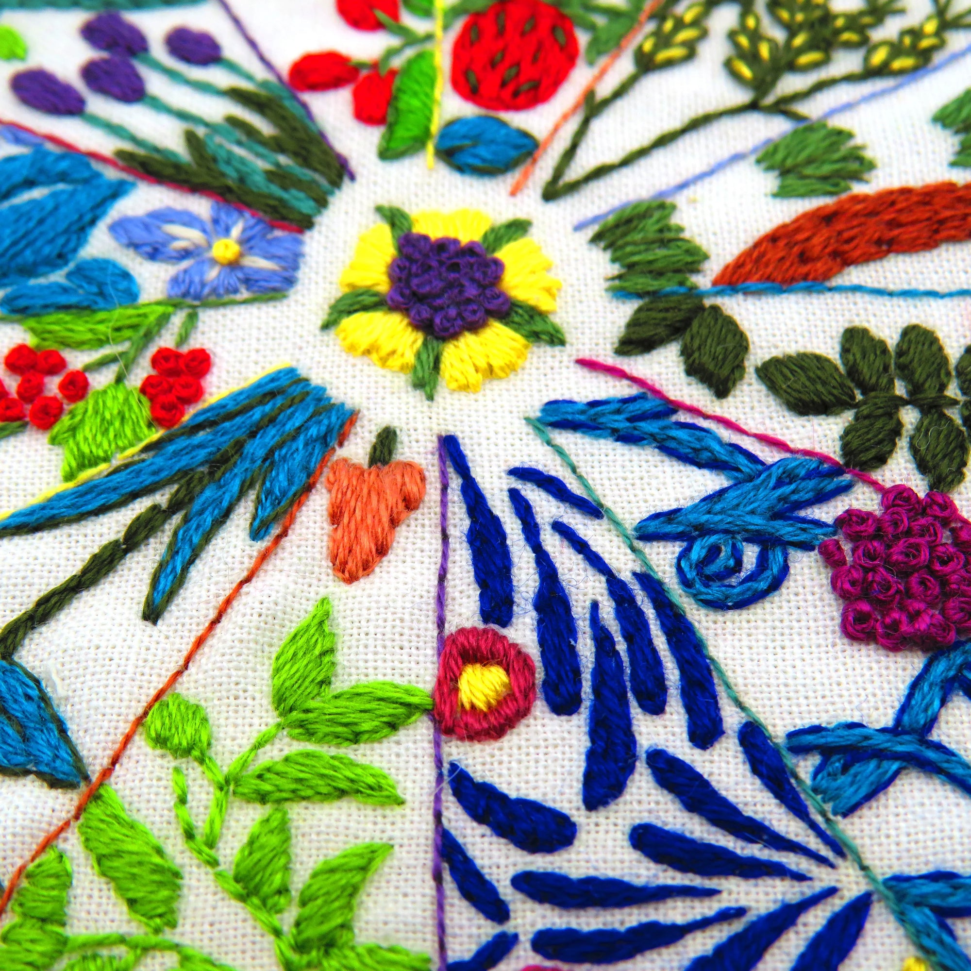 Close-up of colorful embroidered fabric with floral and leaf patterns