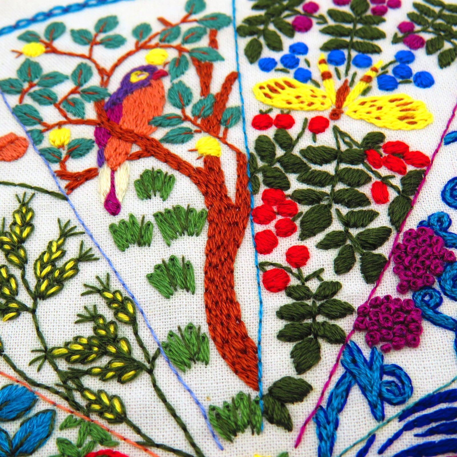 Embroidered fabric with colorful bird, butterfly, and floral patterns.