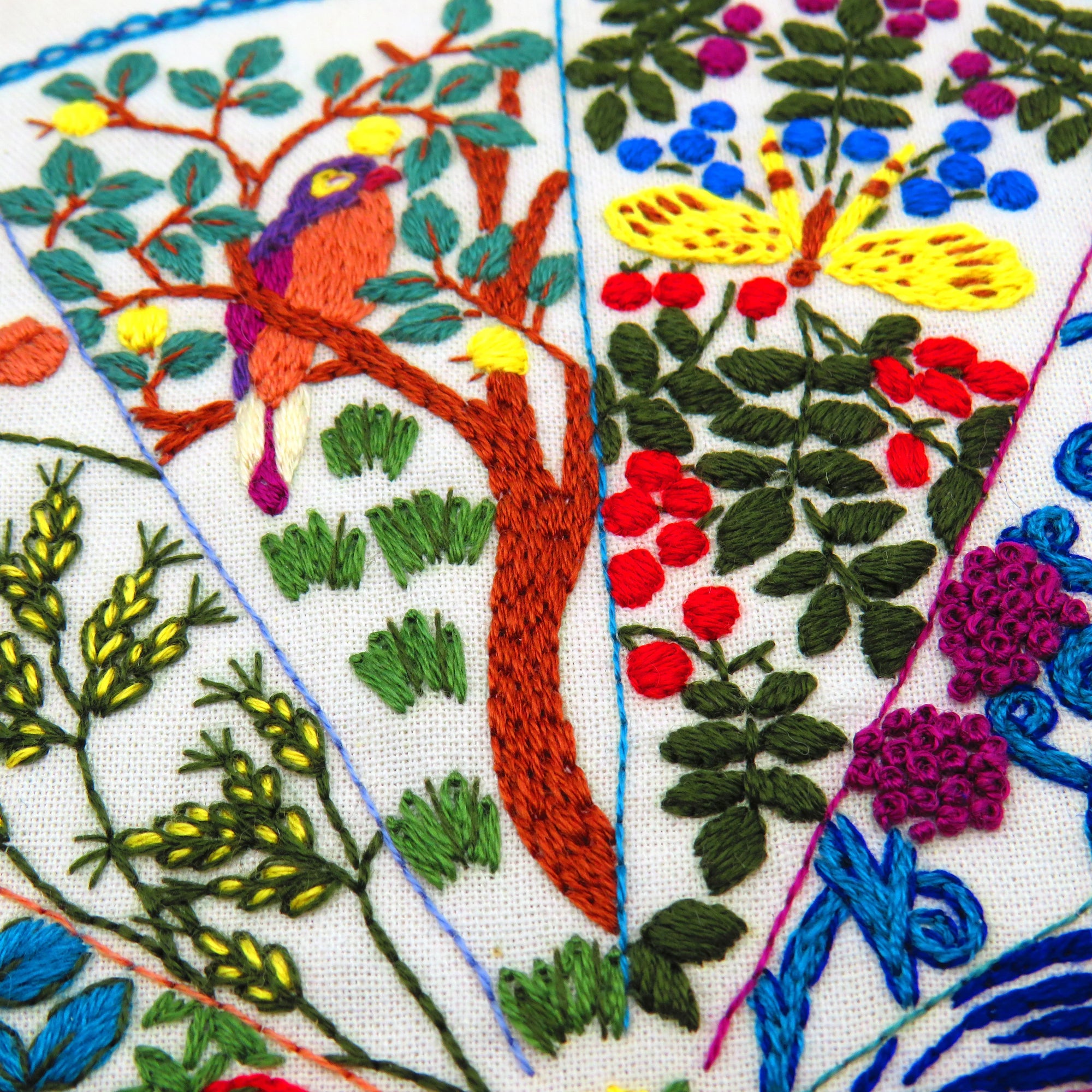 Embroidered fabric with colorful bird, butterfly, and floral patterns.