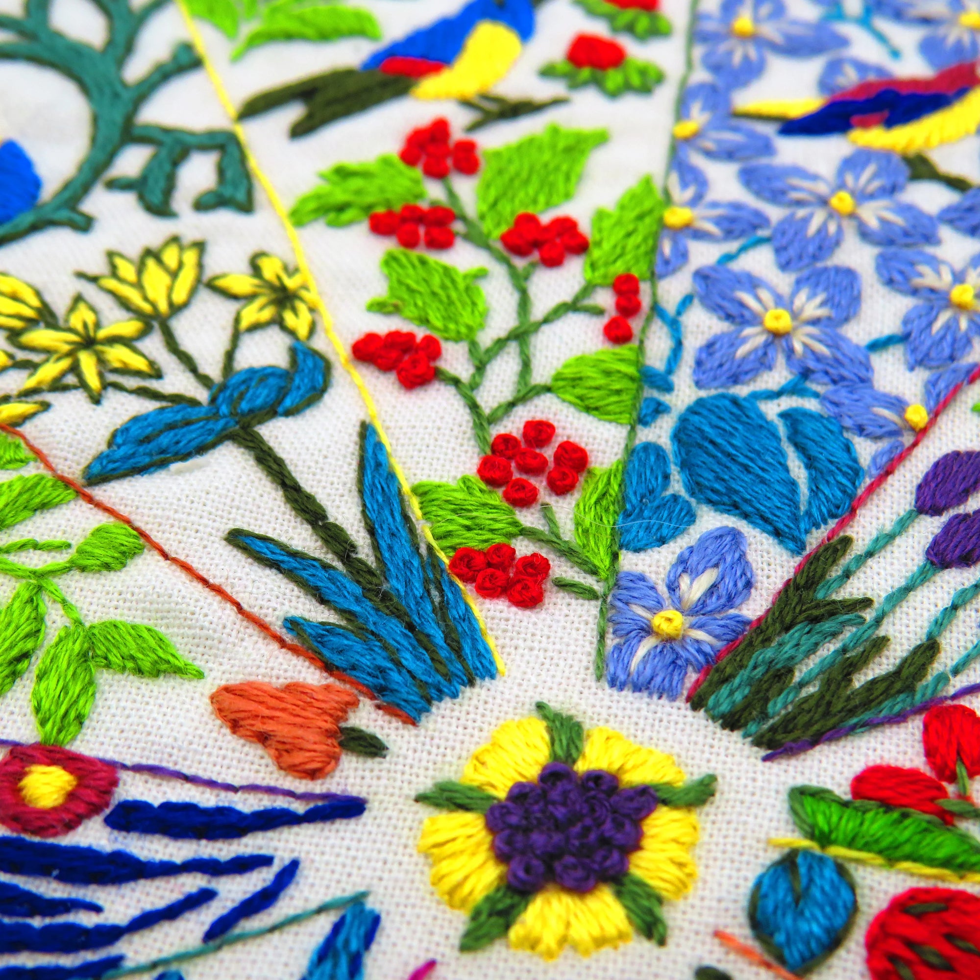 Close-up of colorful embroidered floral patterns on fabric