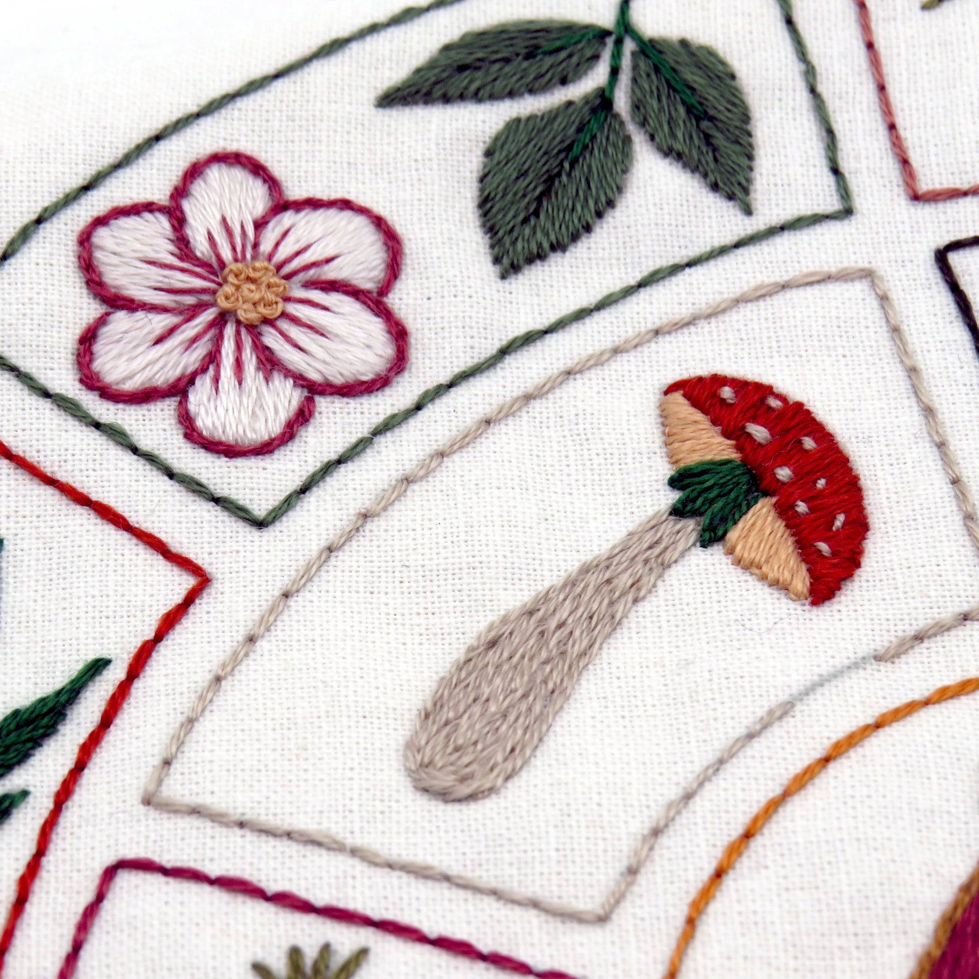 Embroidered design with a flower and mushroom on a white background