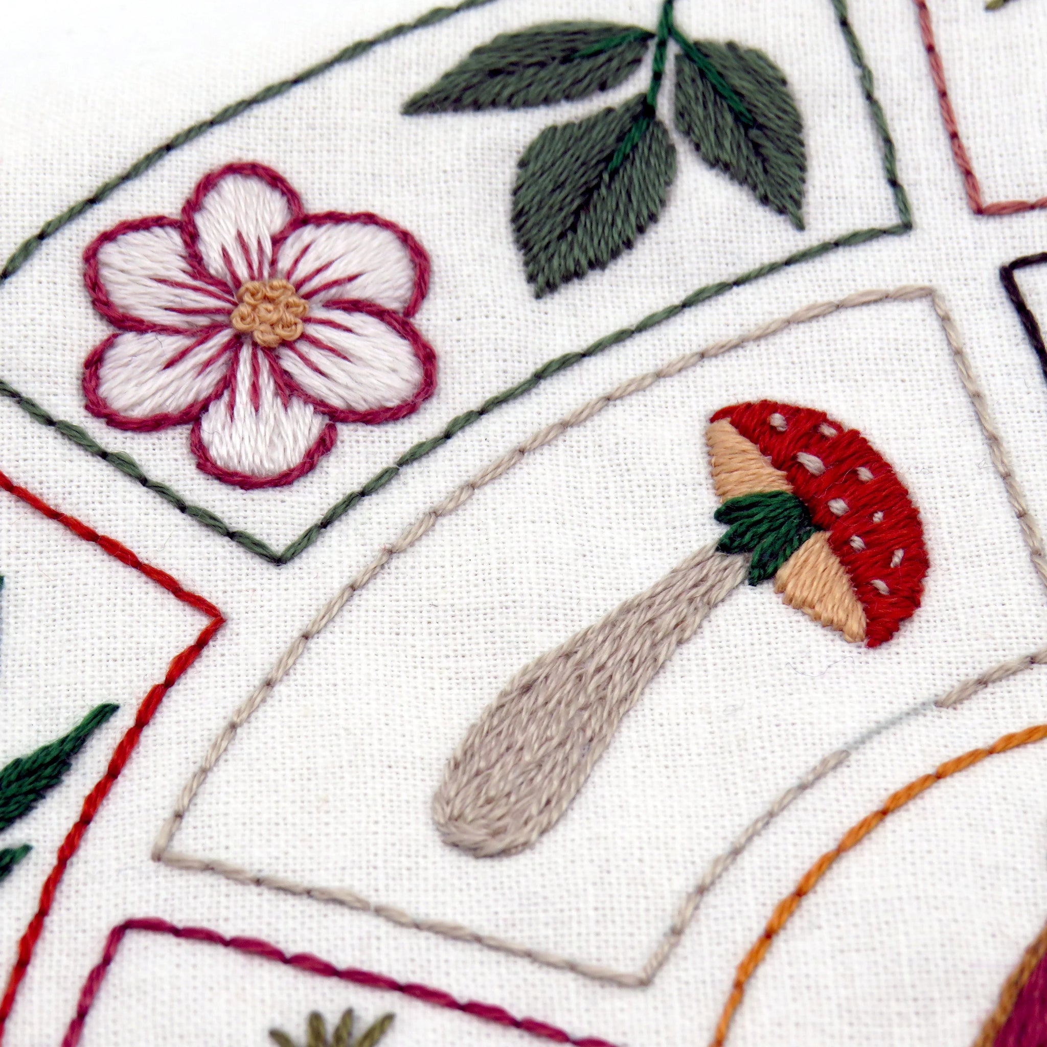 Embroidered design with a flower and mushroom on a white background