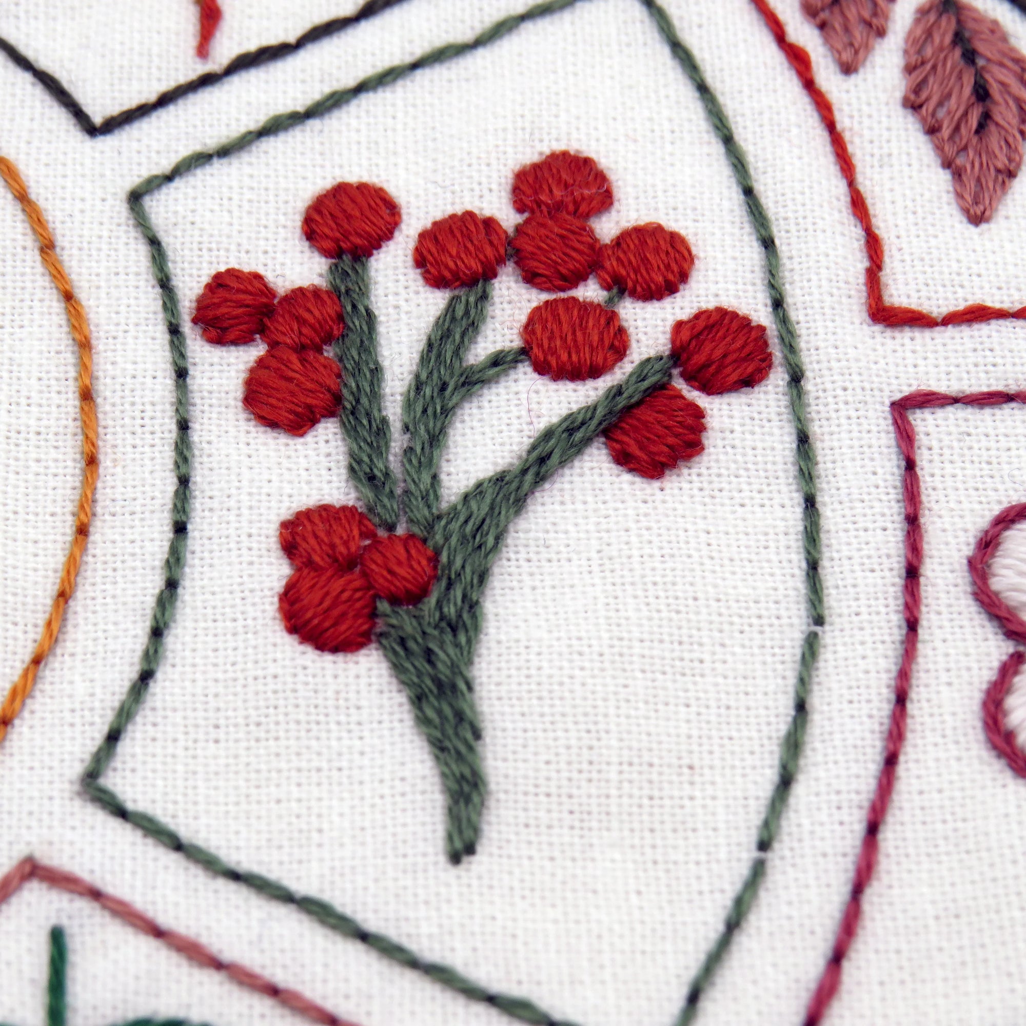 Embroidered design of red flowers and green leaves on a white fabric background