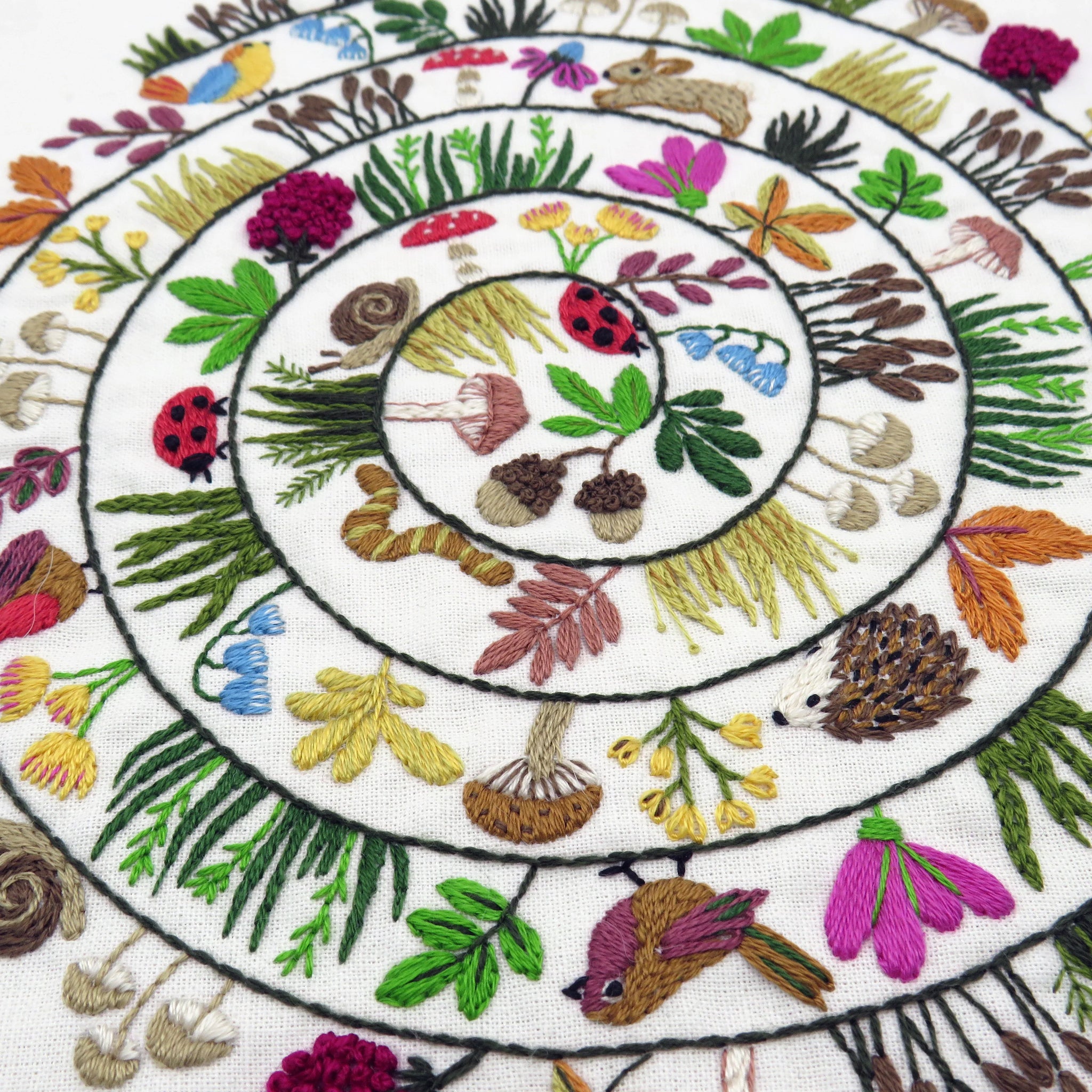 Embroidered design with nature-themed elements on a white fabric background