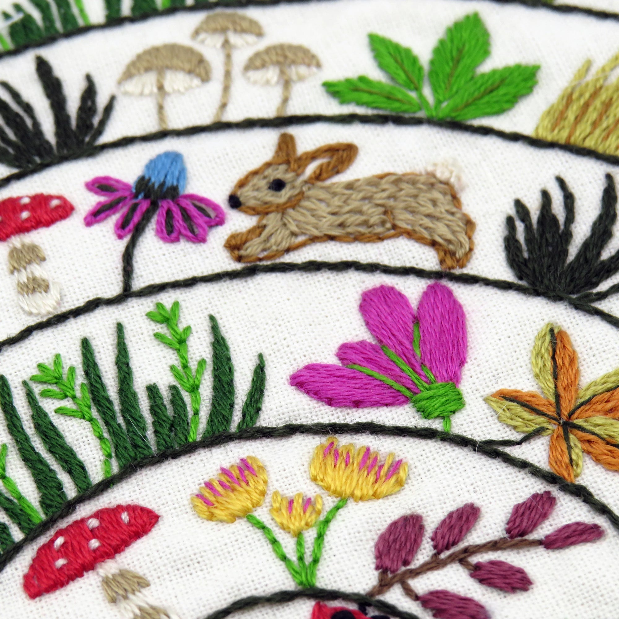 Embroidered design with flowers, a rabbit, and plants on a white background