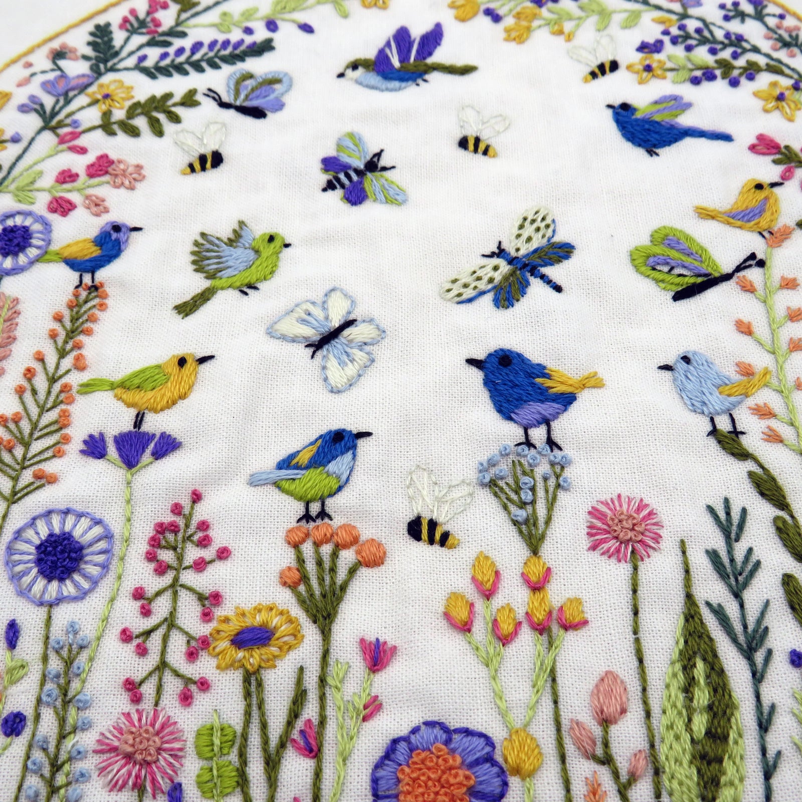 Embroidered fabric with colorful birds, flowers, and butterflies on a white background