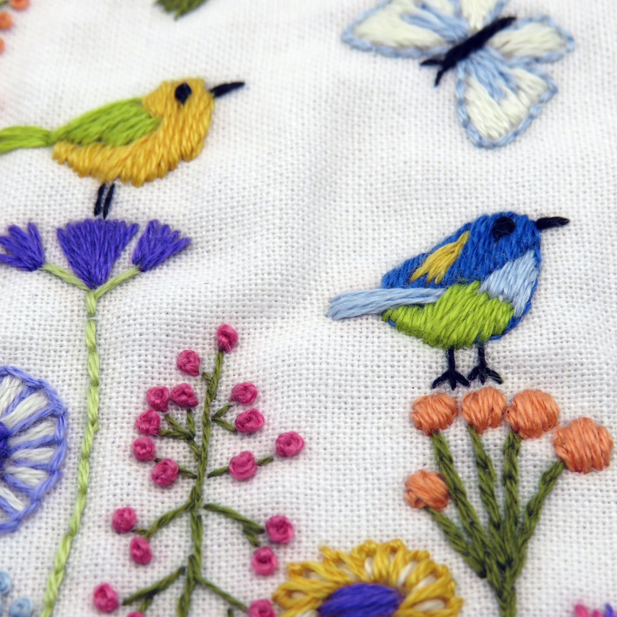 Embroidered design of birds, flowers, and a butterfly on fabric.