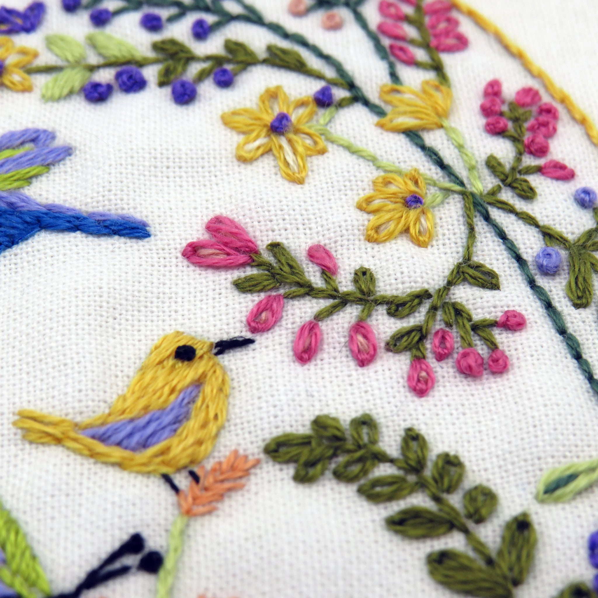 Embroidery hoop with colorful floral and bird design on white fabric
