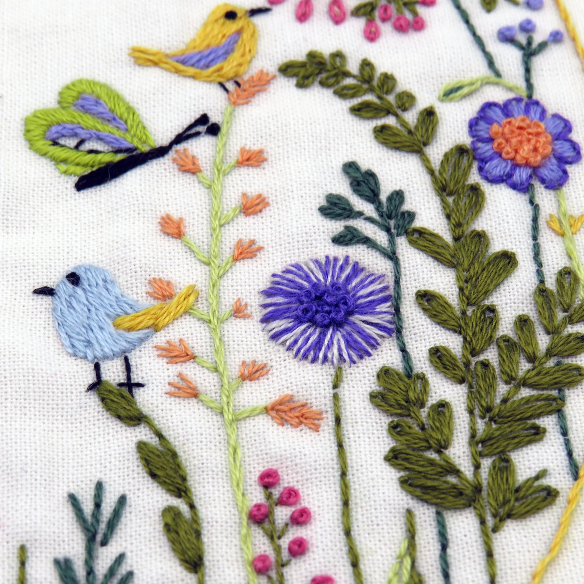Embroidered design of birds and flowers on fabric