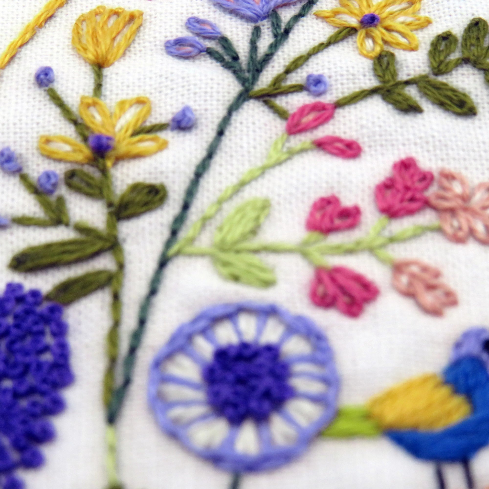 Close-up of embroidered floral design with colorful flowers and leaves on a white background.