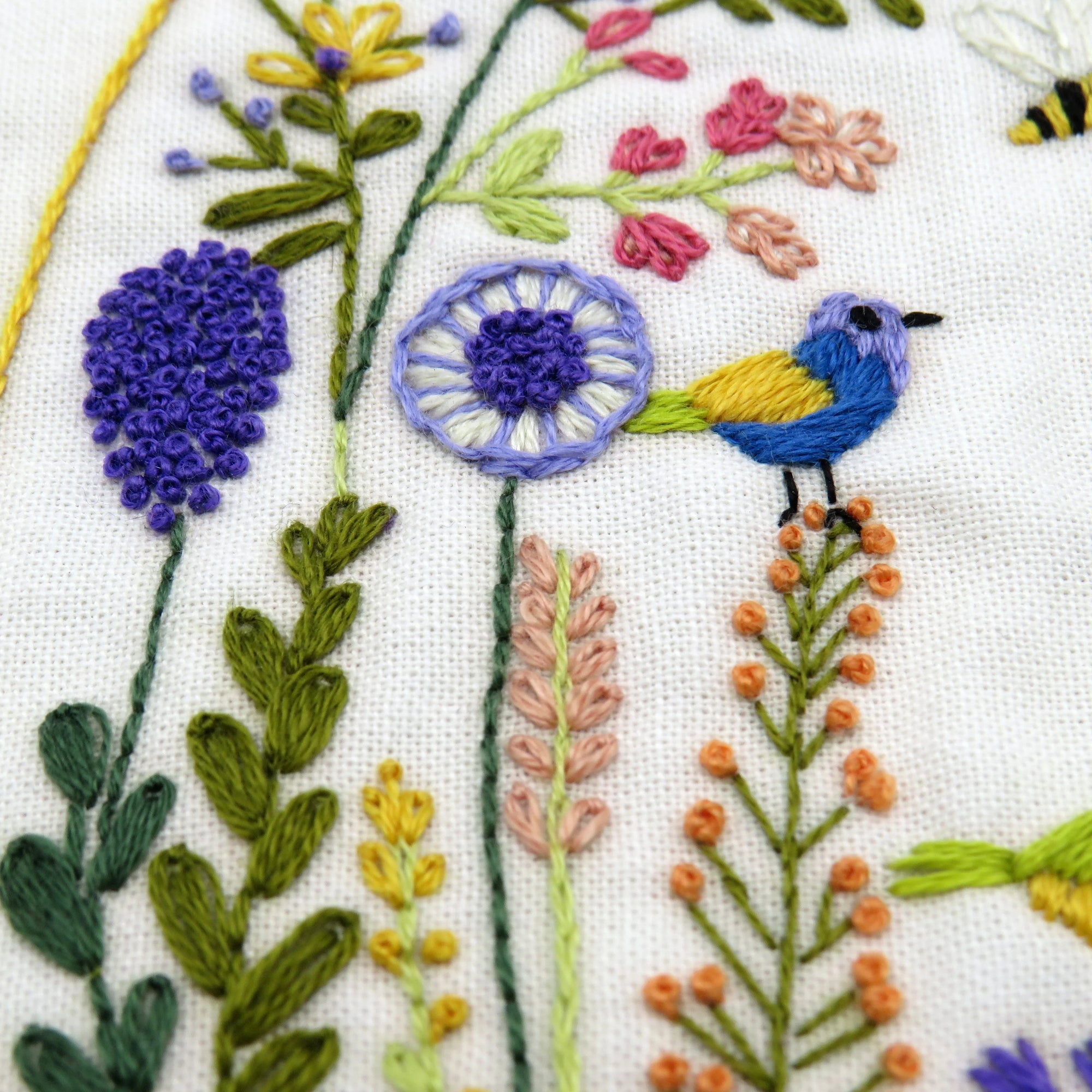Embroidered design of a bird among flowers on fabric