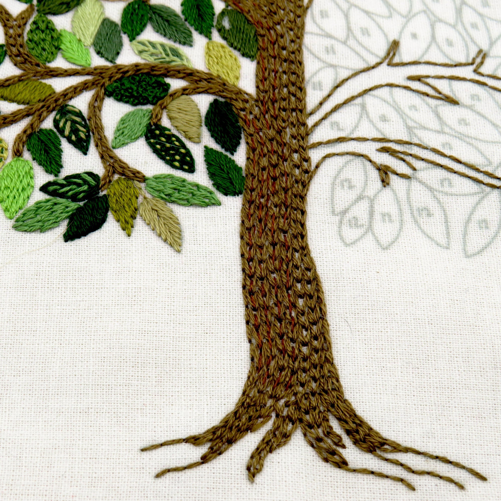 Embroidered tree with green leaves on a white background
