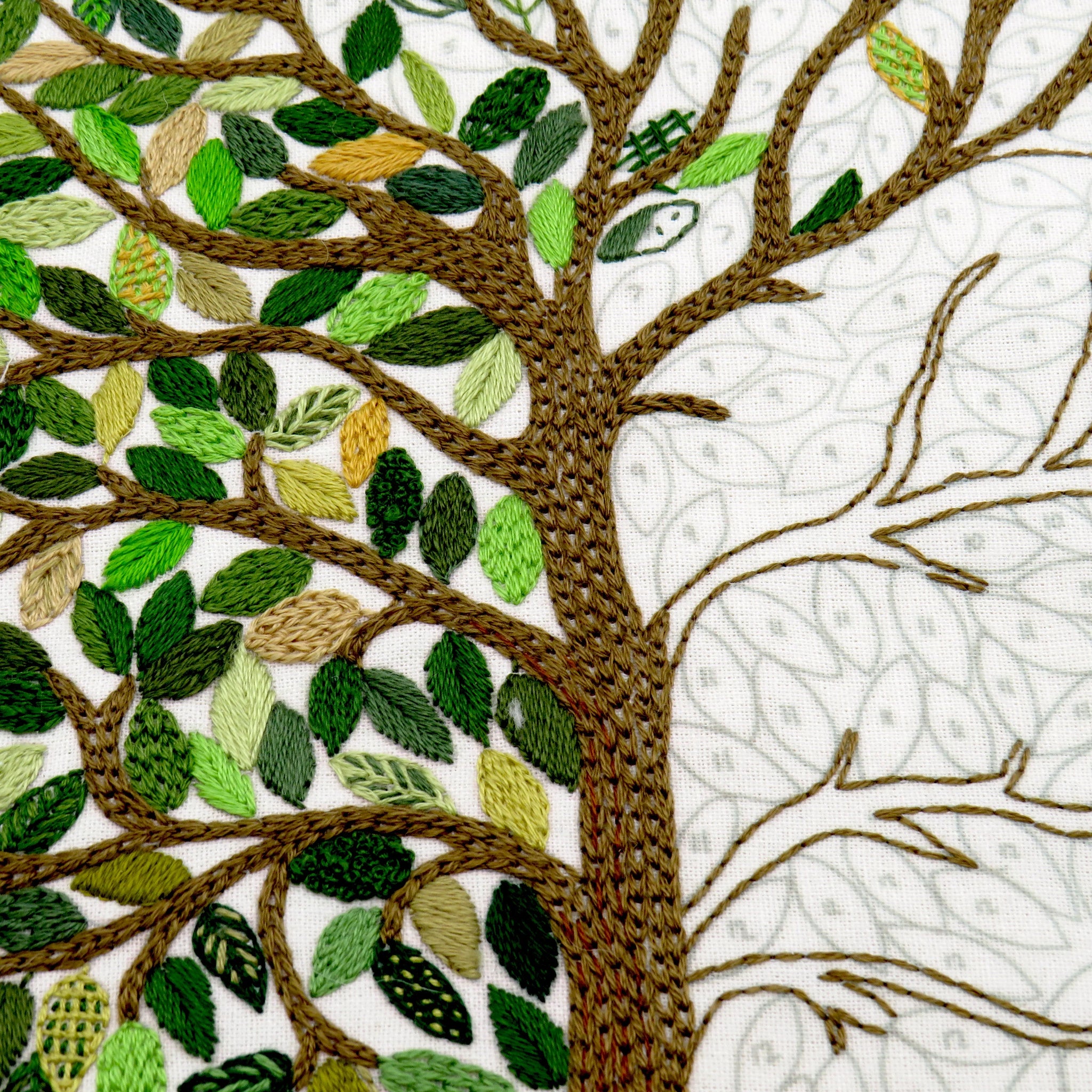 Embroidered tree with green leaves on a white background
