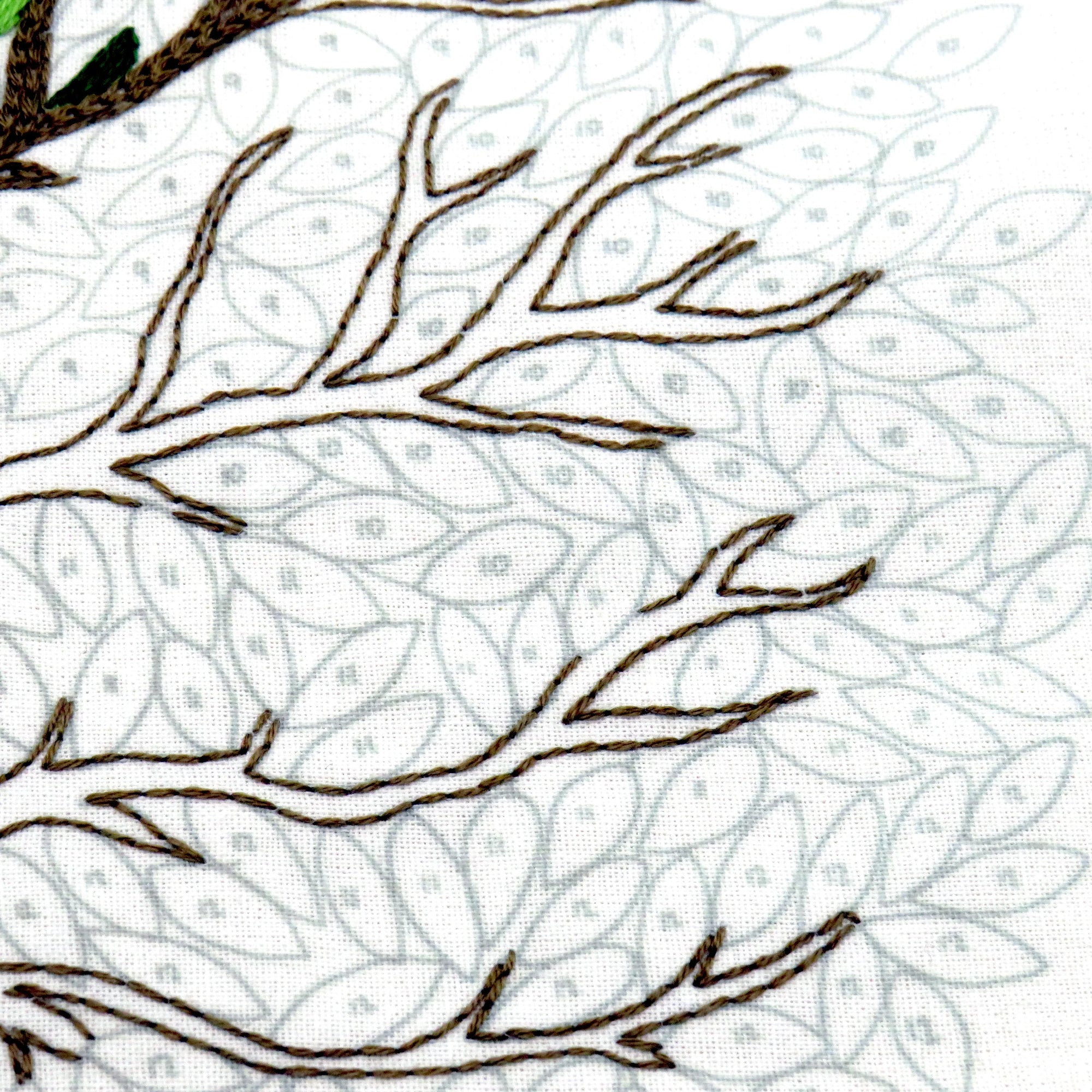 Embroidery pattern with brown branches on a white background