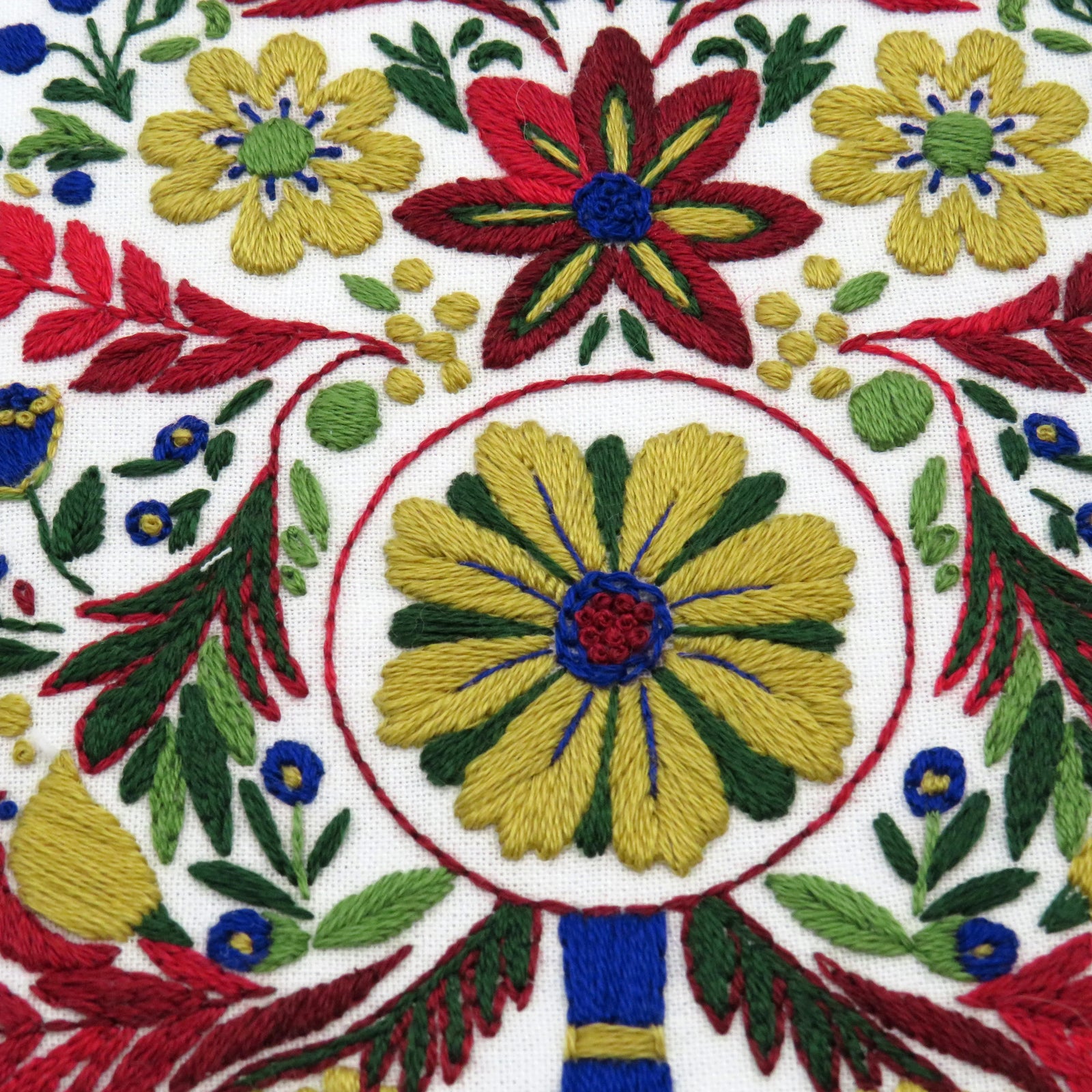 Close-up of a colorful embroidered floral pattern with red, yellow, green, and blue colors.