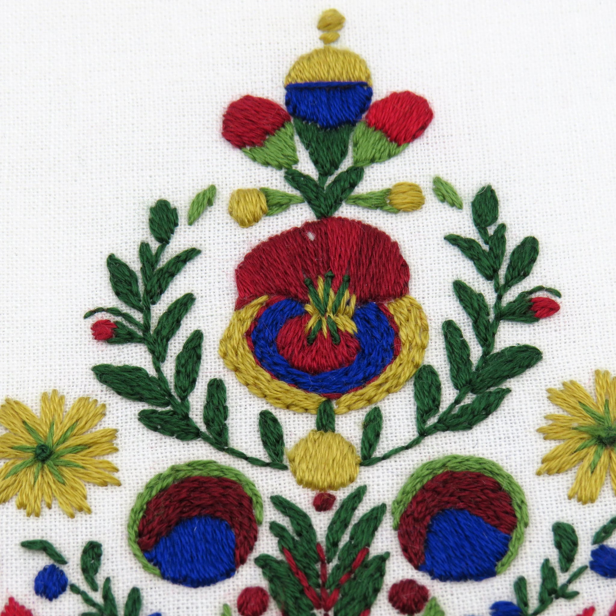 Colorful embroidered floral design on a white background