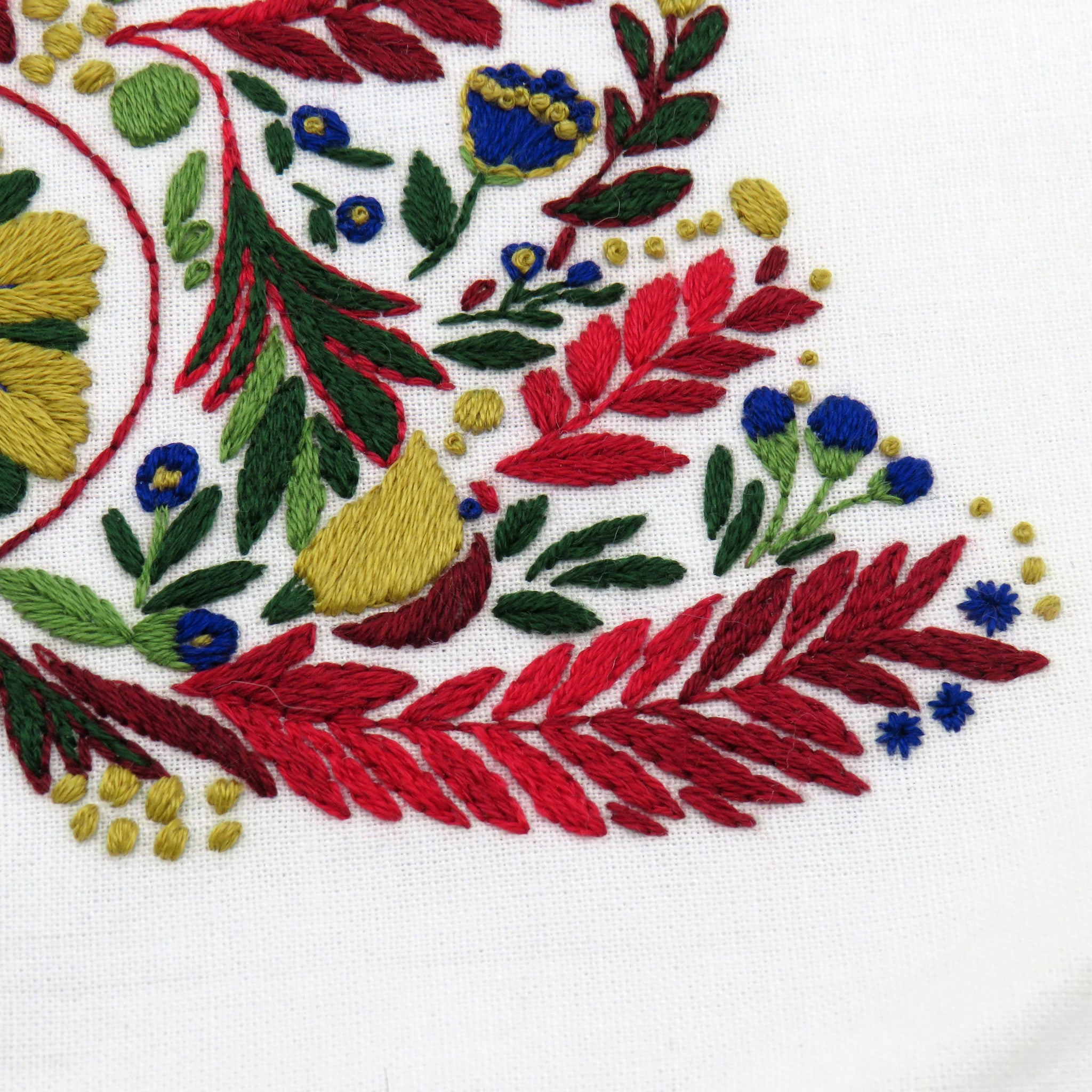 Close-up of colorful embroidered floral design on white fabric