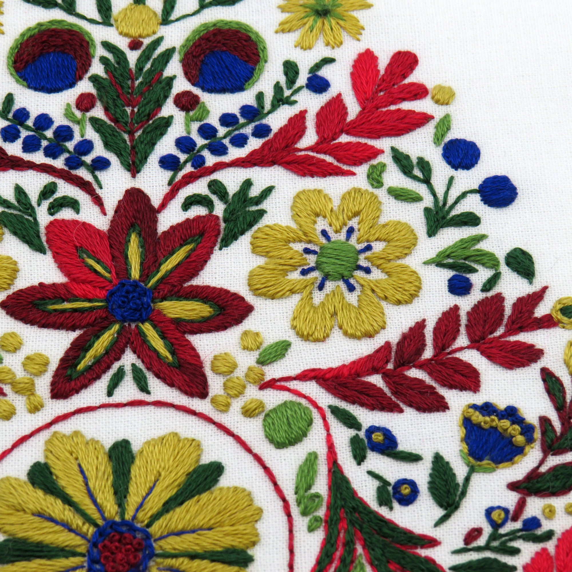Colorful floral embroidery pattern on a white background