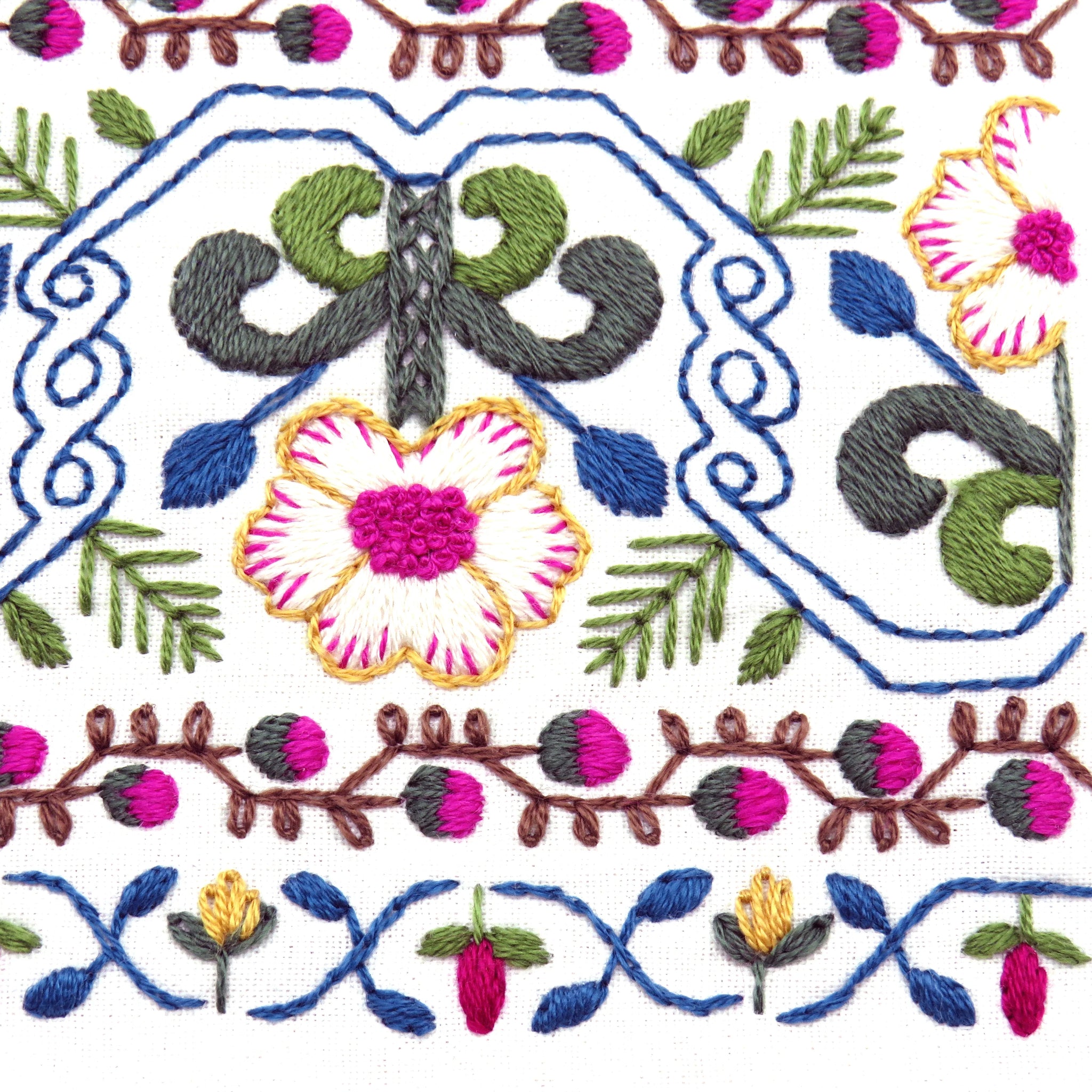 Colorful hand embroidery pattern with floral designs and vibrant stitching details