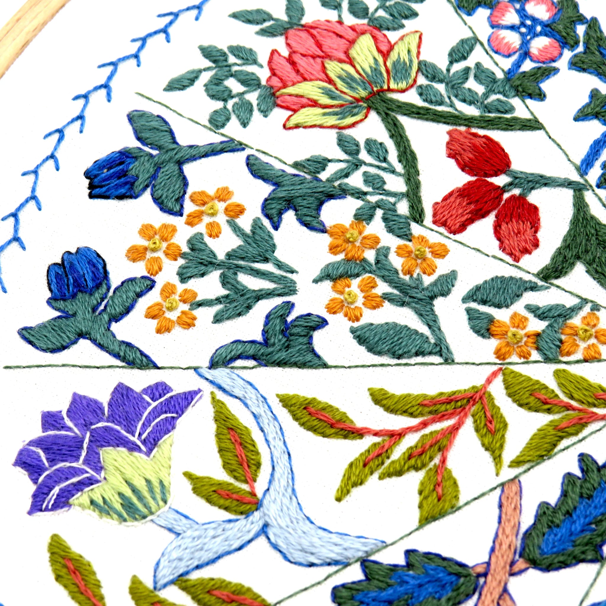 Close-up of colorful floral embroidery on a white fabric background