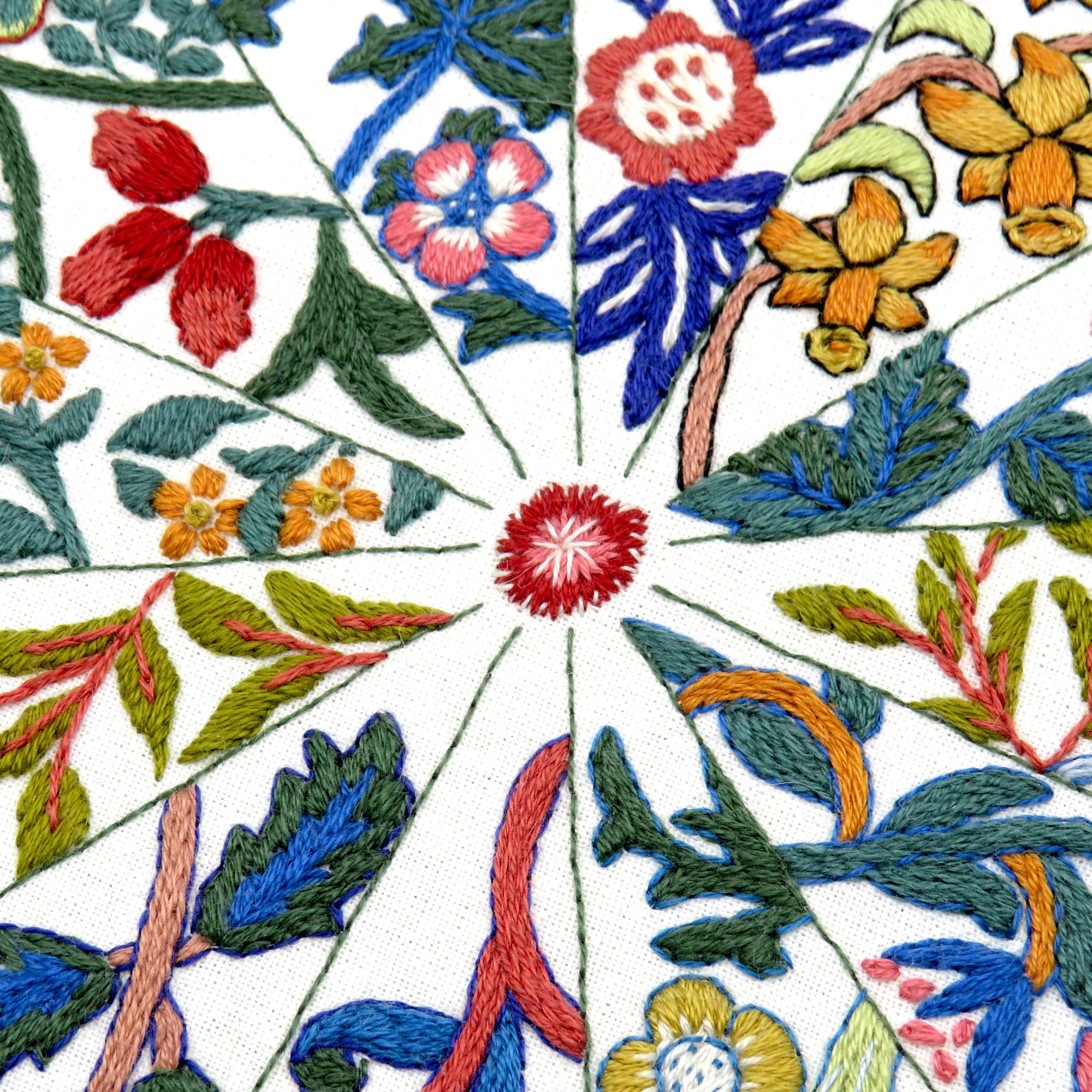 Close-up of embroidered floral pattern with red, blue, green, and yellow colors on a white background.