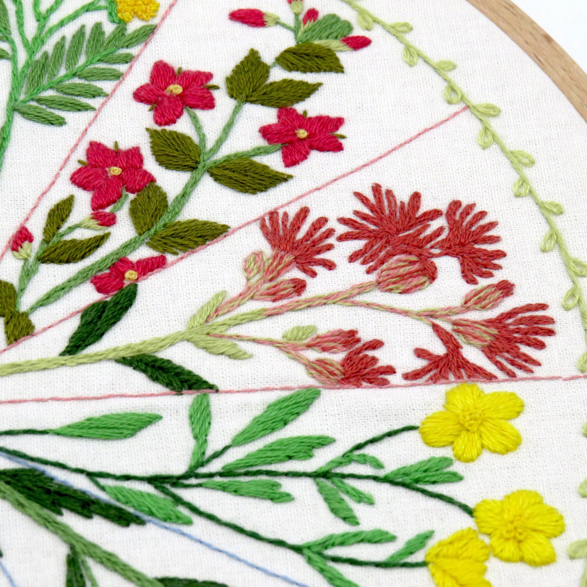 Embroidery hoop with floral and leaf patterns in red, green, and yellow on white fabric.