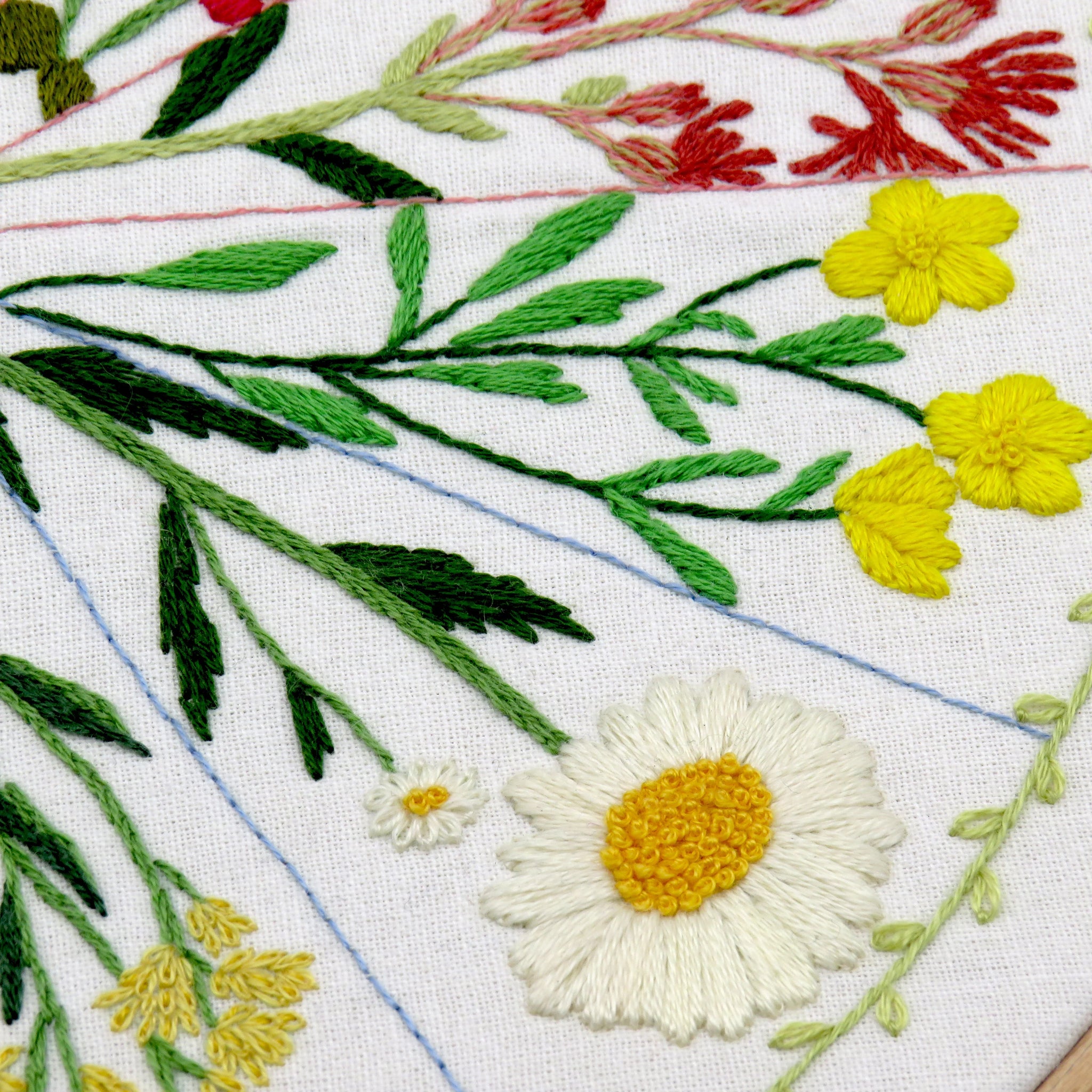 Close-up of embroidered flowers and leaves on fabric