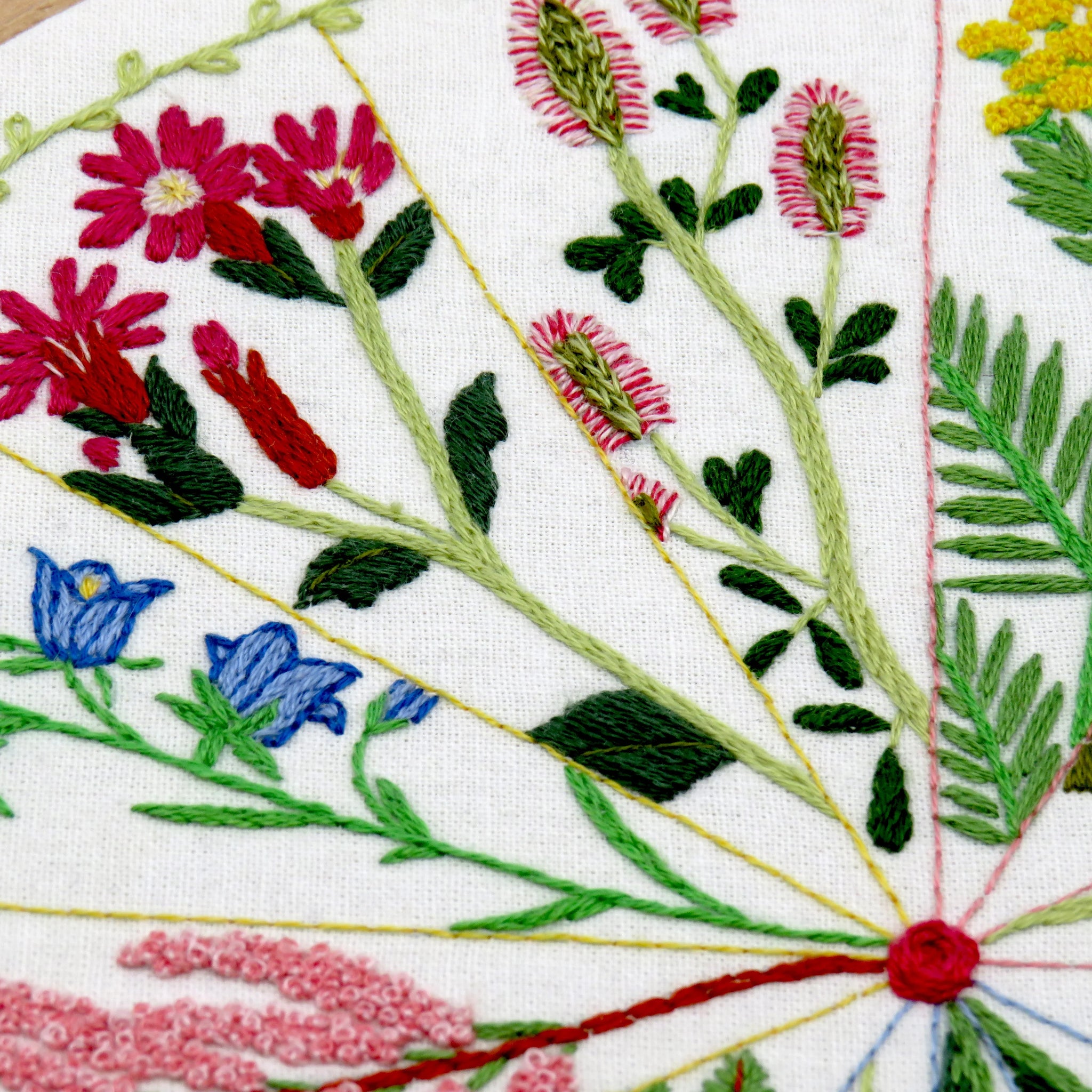 Close-up of embroidered floral design on fabric