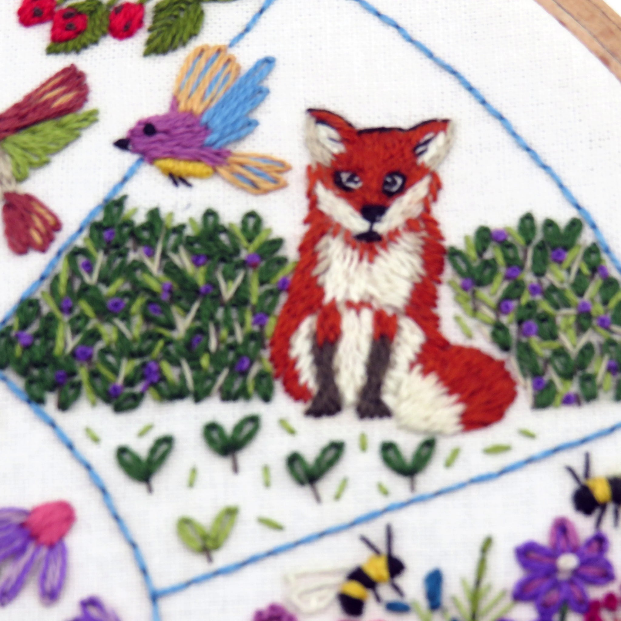 Embroidered design of a fox surrounded by flowers and plants in an embroidery hoop.