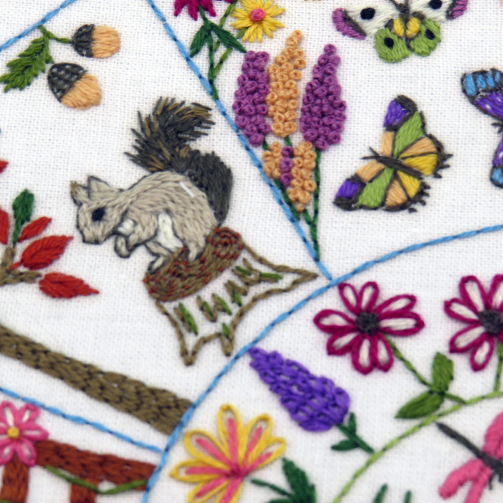 Embroidered fabric with floral, butterfly, and animal designs on a white background