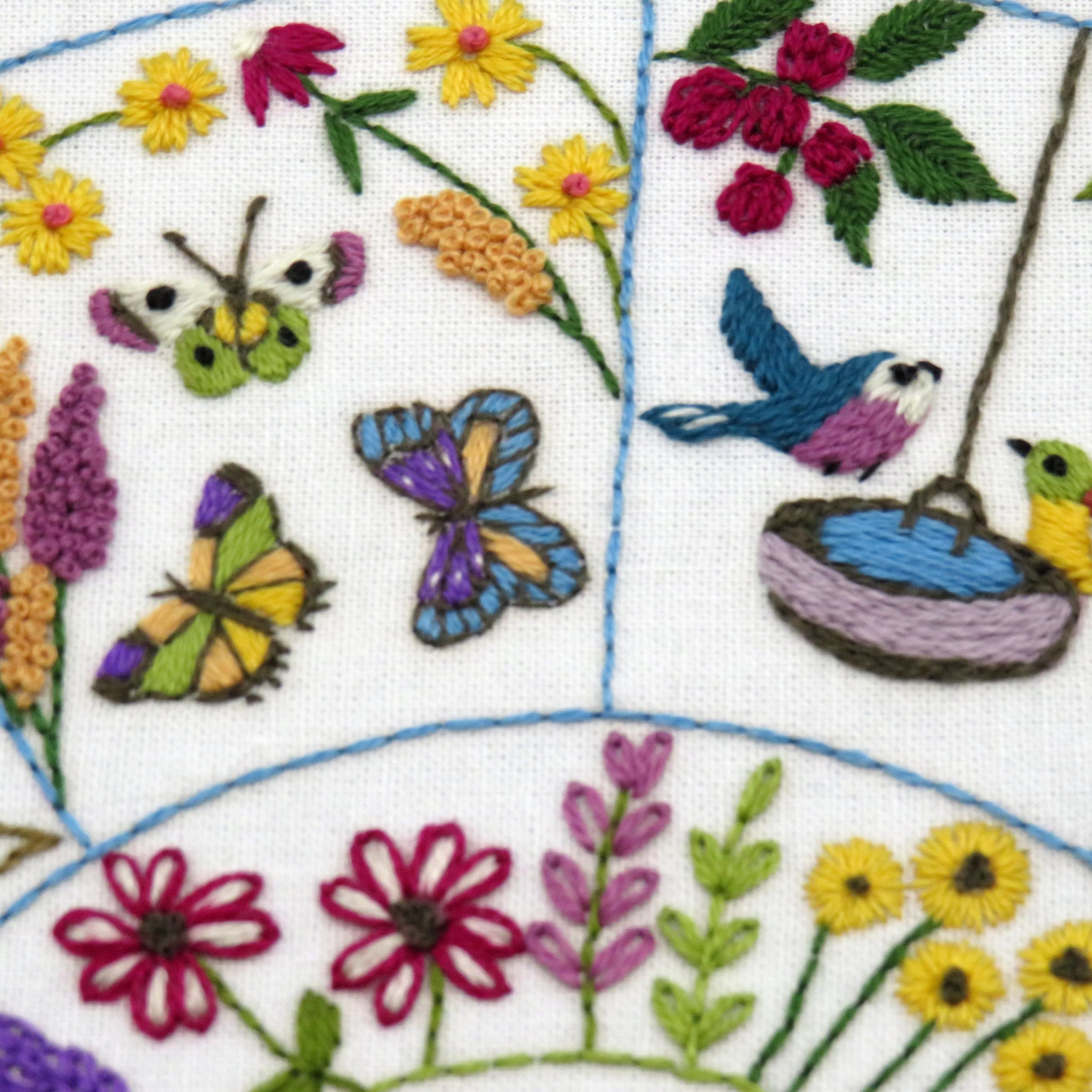 Embroidered design with butterflies, flowers, and birds on a white background