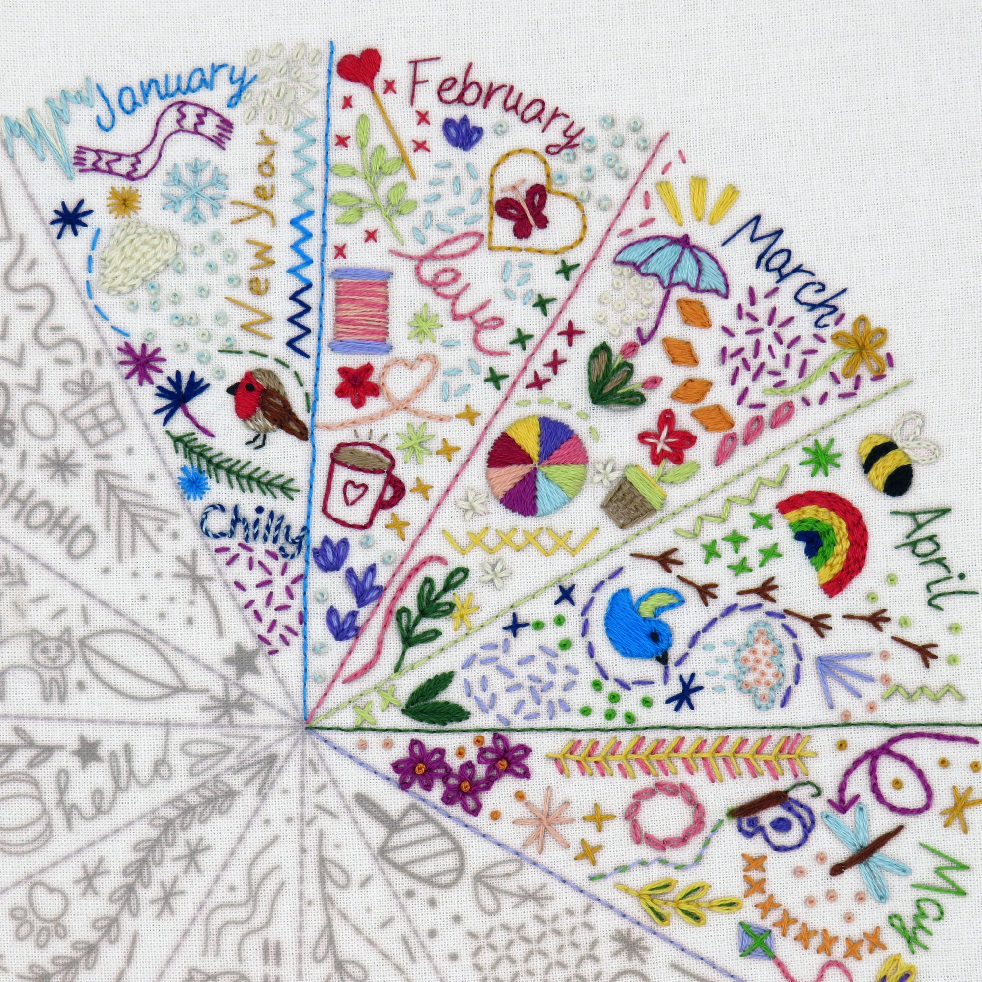 Embroidered sampler with months of the year and seasonal symbols