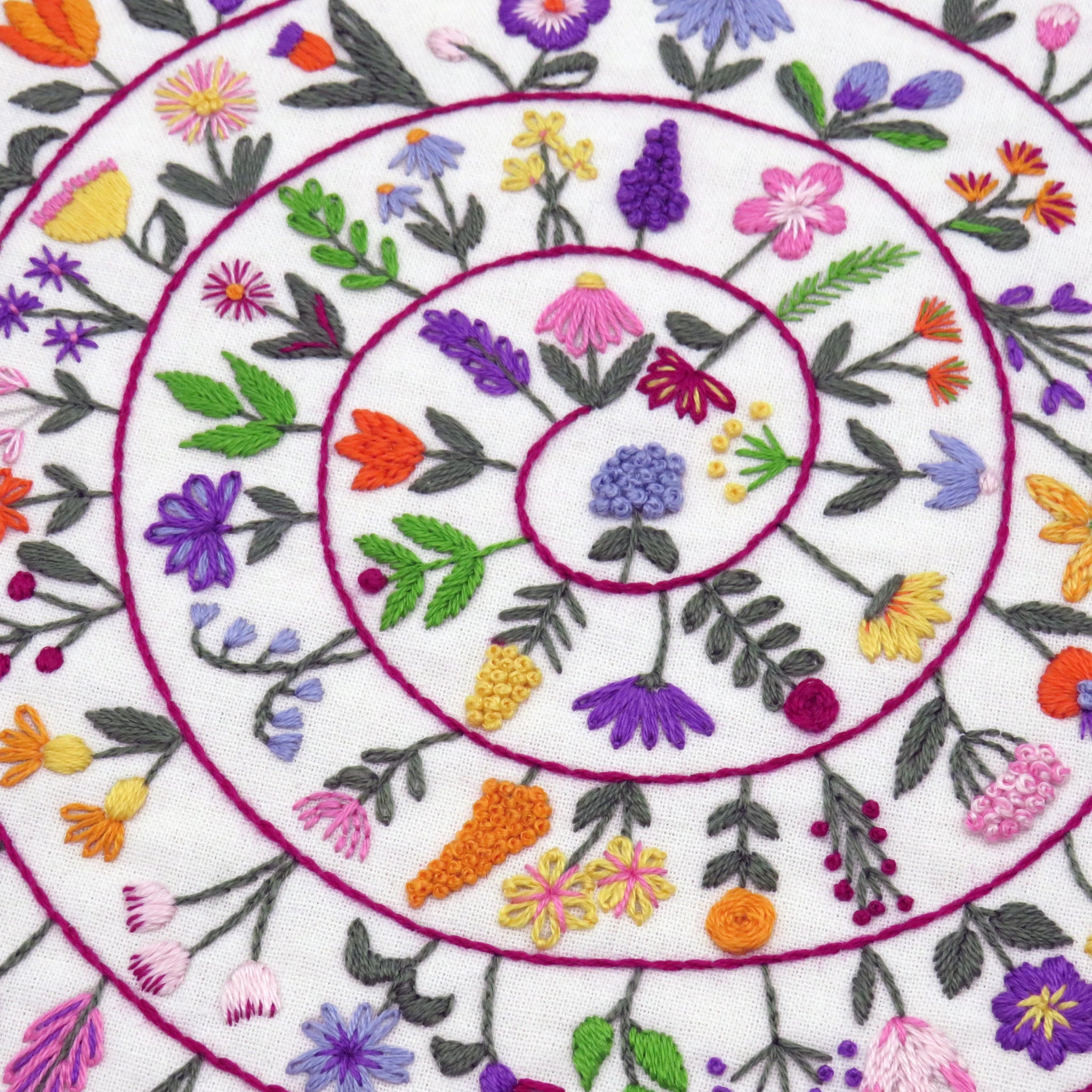 Circular floral embroidery pattern with concentric circles on a white background