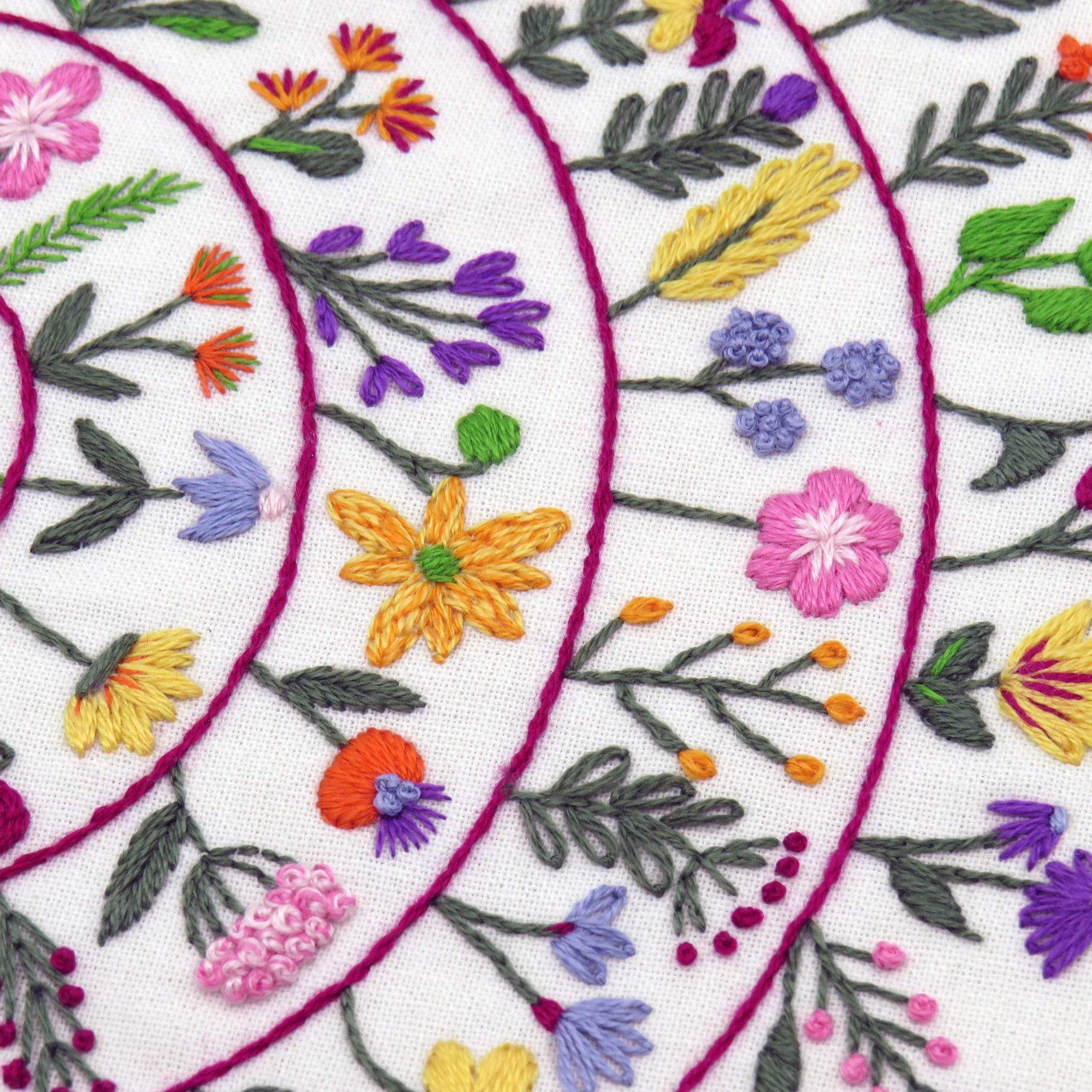 Close-up of embroidered floral pattern with colorful flowers and leaves on a white background