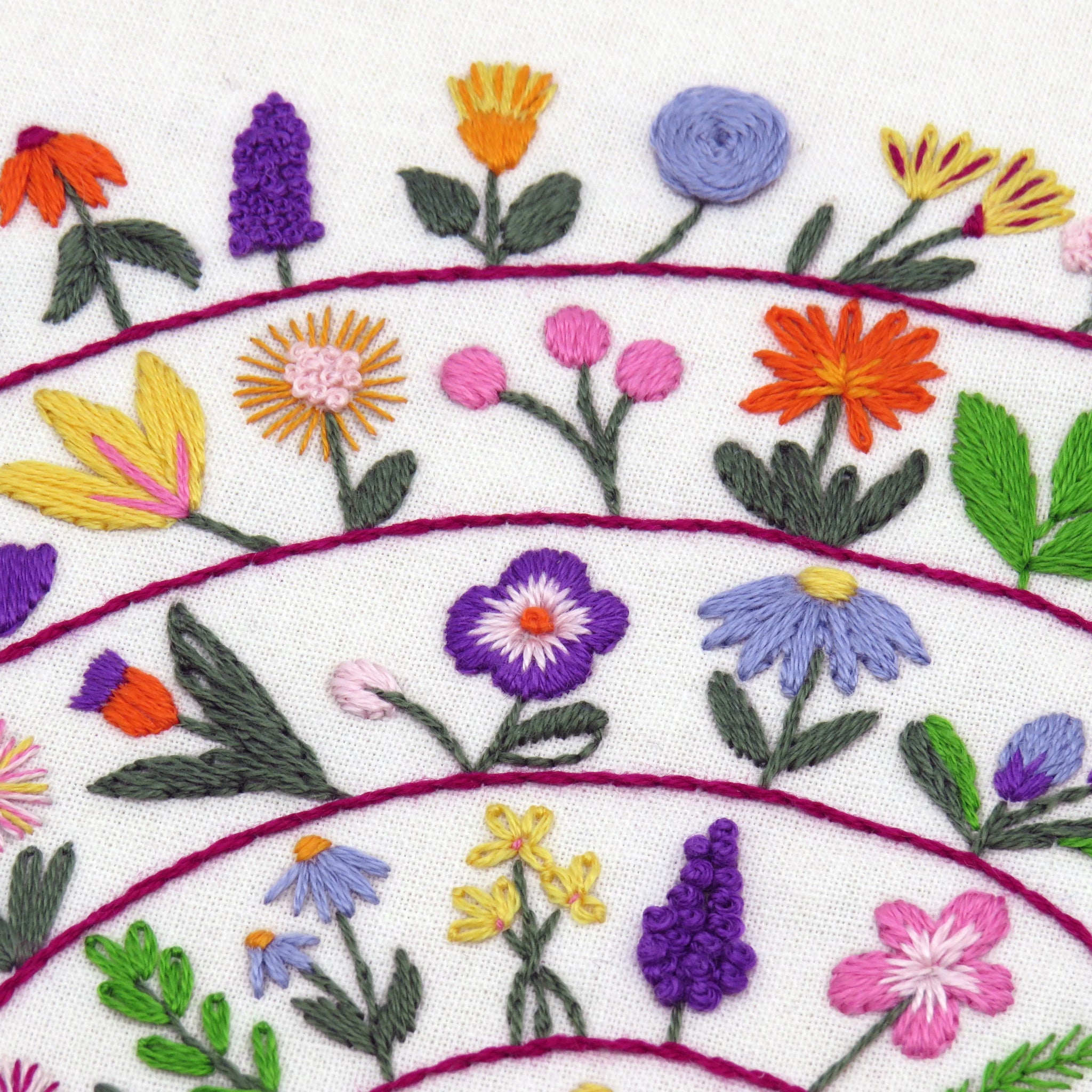 Close-up of embroidered floral pattern with colorful flowers on a white background