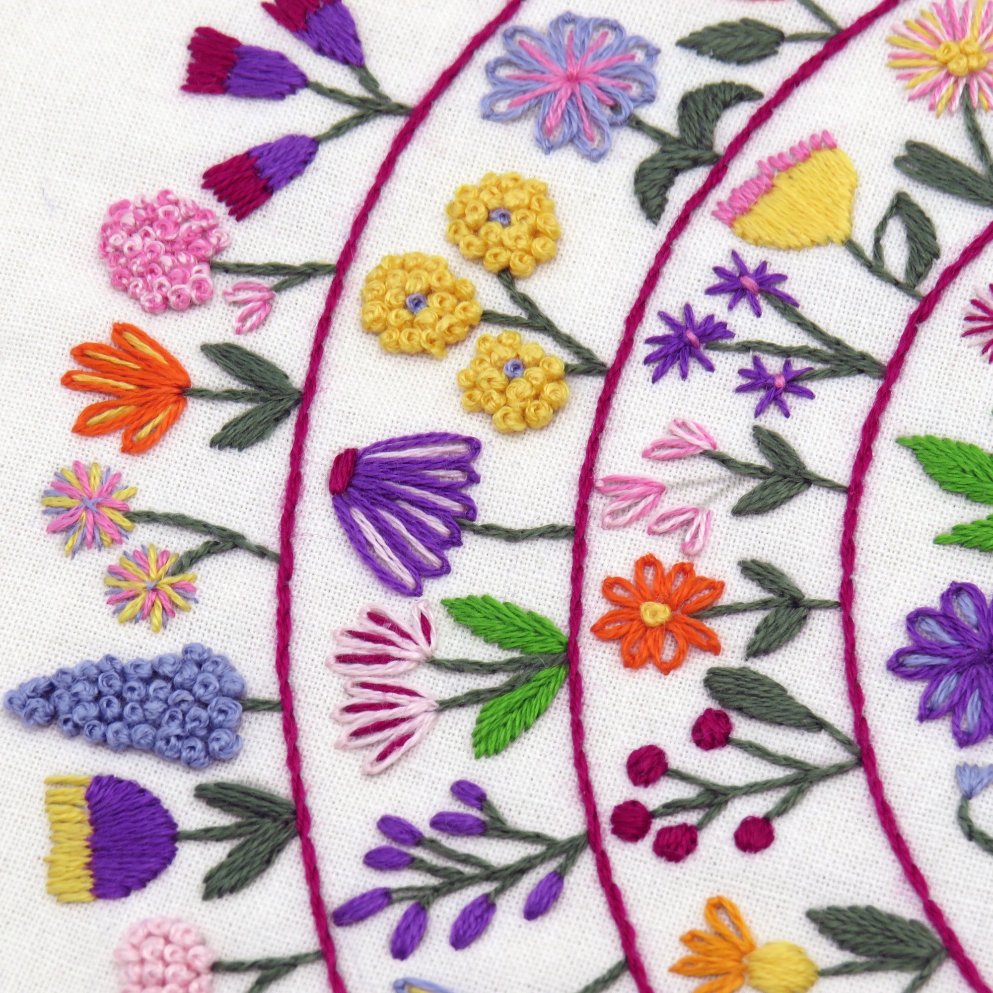 Close-up of colorful floral embroidery on fabric