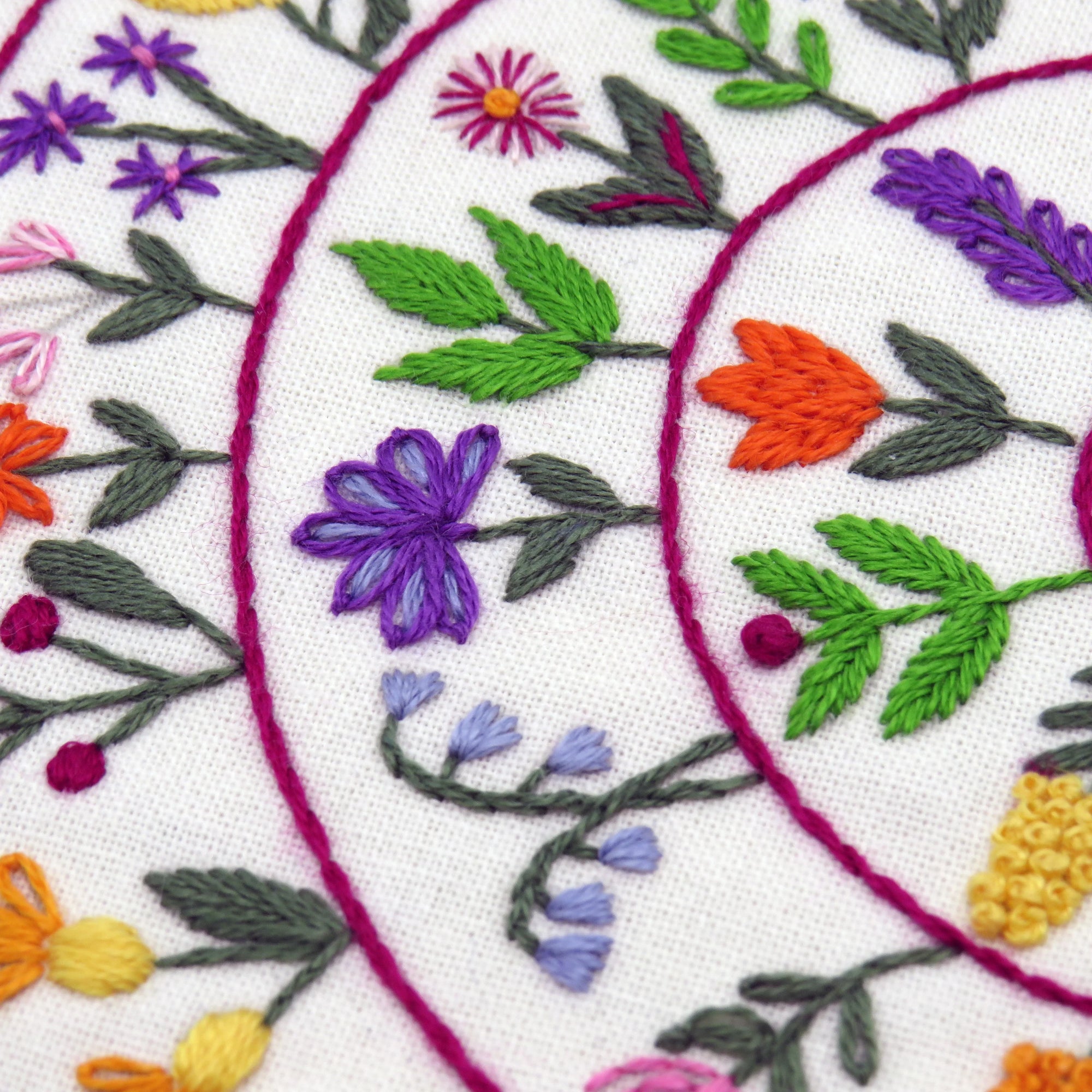 Close-up of embroidered floral pattern with colorful flowers and leaves on a white background