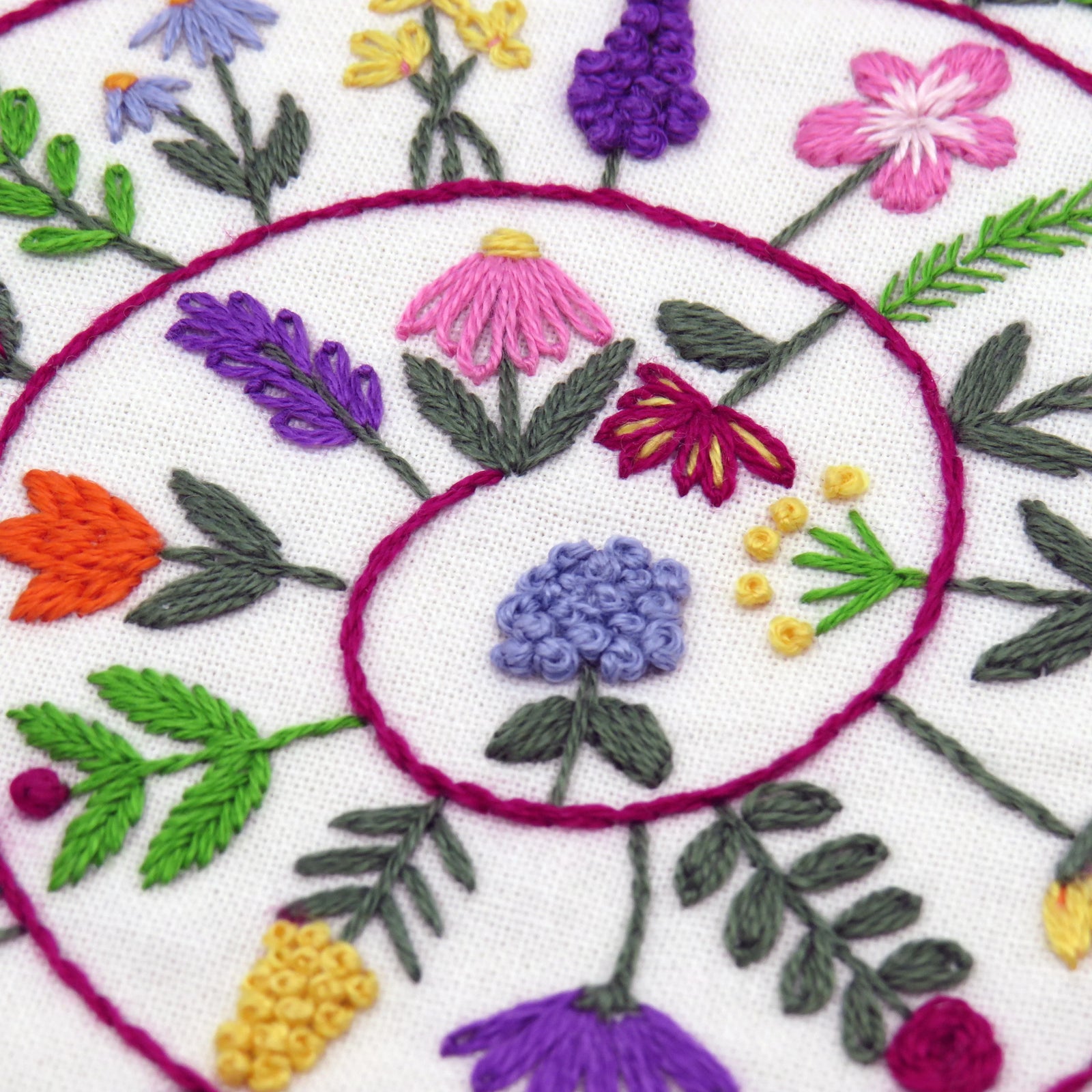 Close-up of embroidered floral design with colorful flowers and leaves on white fabric.