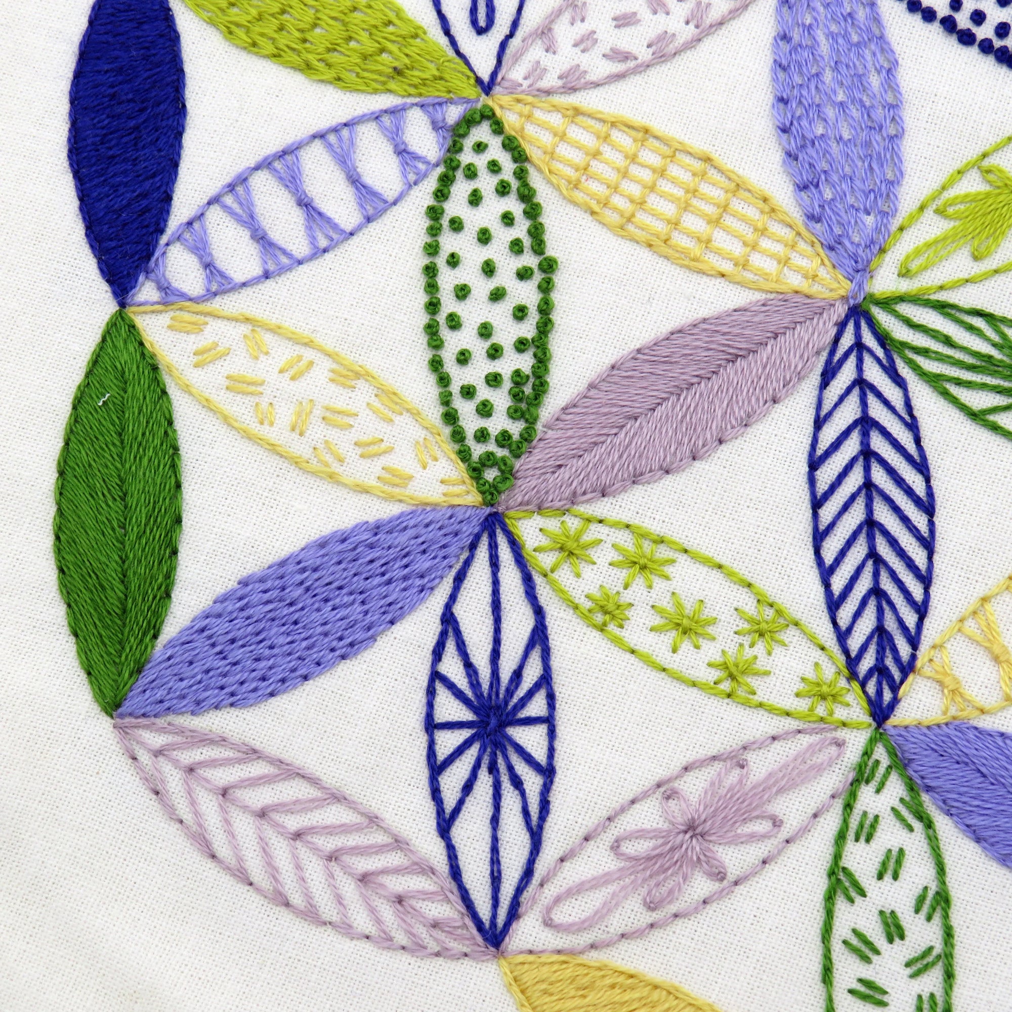 Close-up of embroidered leaves in various colors on a white background