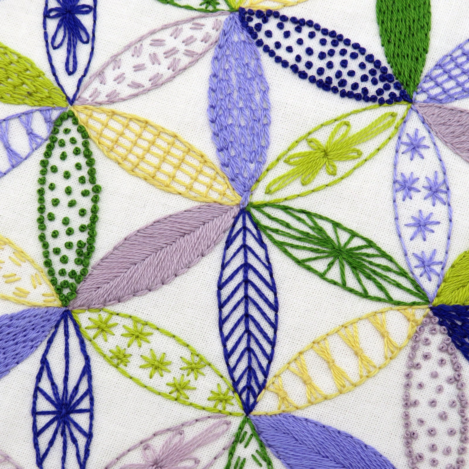 Close-up of embroidered fabric with colorful leaf patterns on a white background