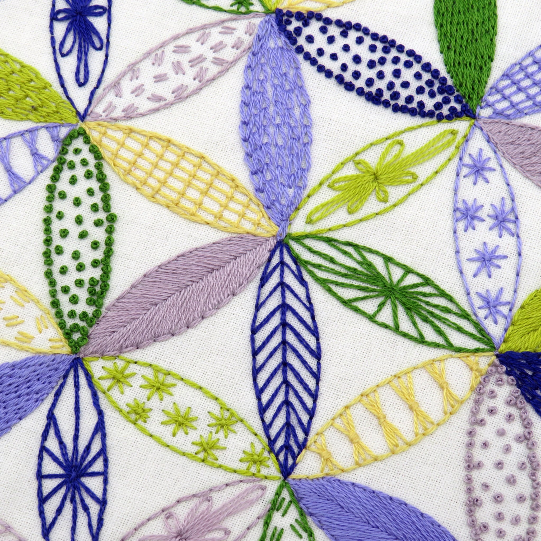 Close-up of embroidered fabric with colorful leaf patterns on a white background