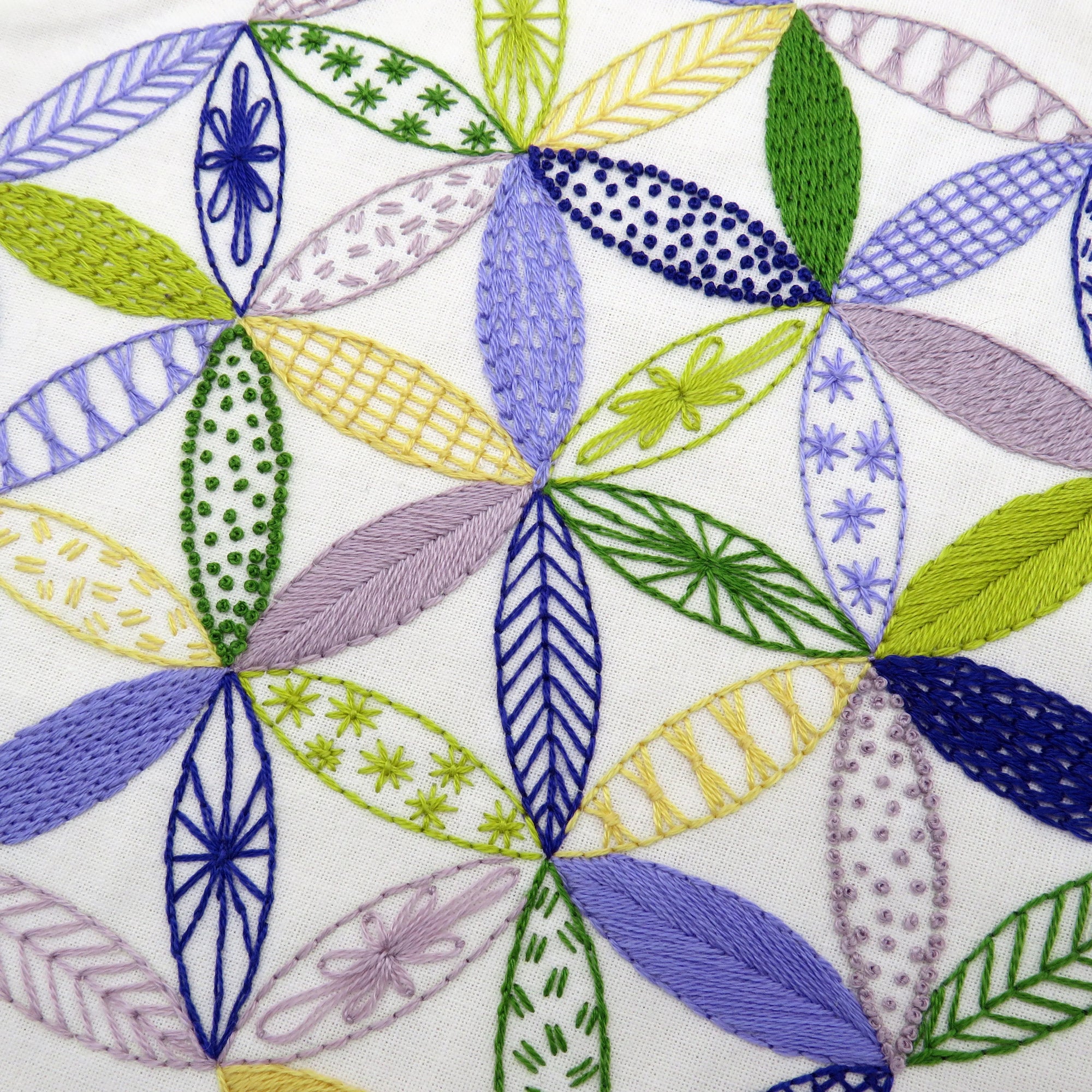 Close-up of embroidered leaves in purple, green, and yellow on a white background