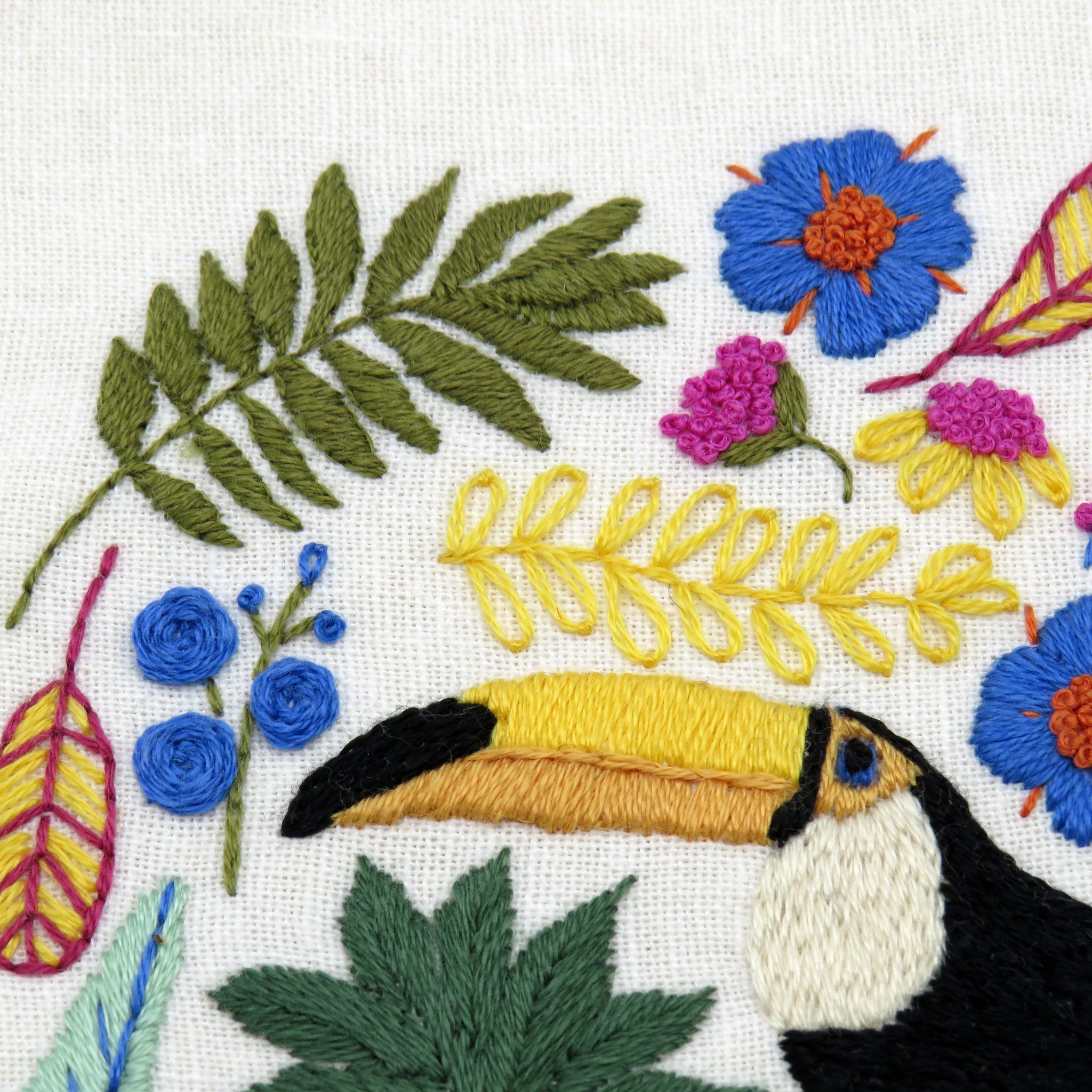 Embroidered design of a toucan surrounded by flowers and leaves on a white background