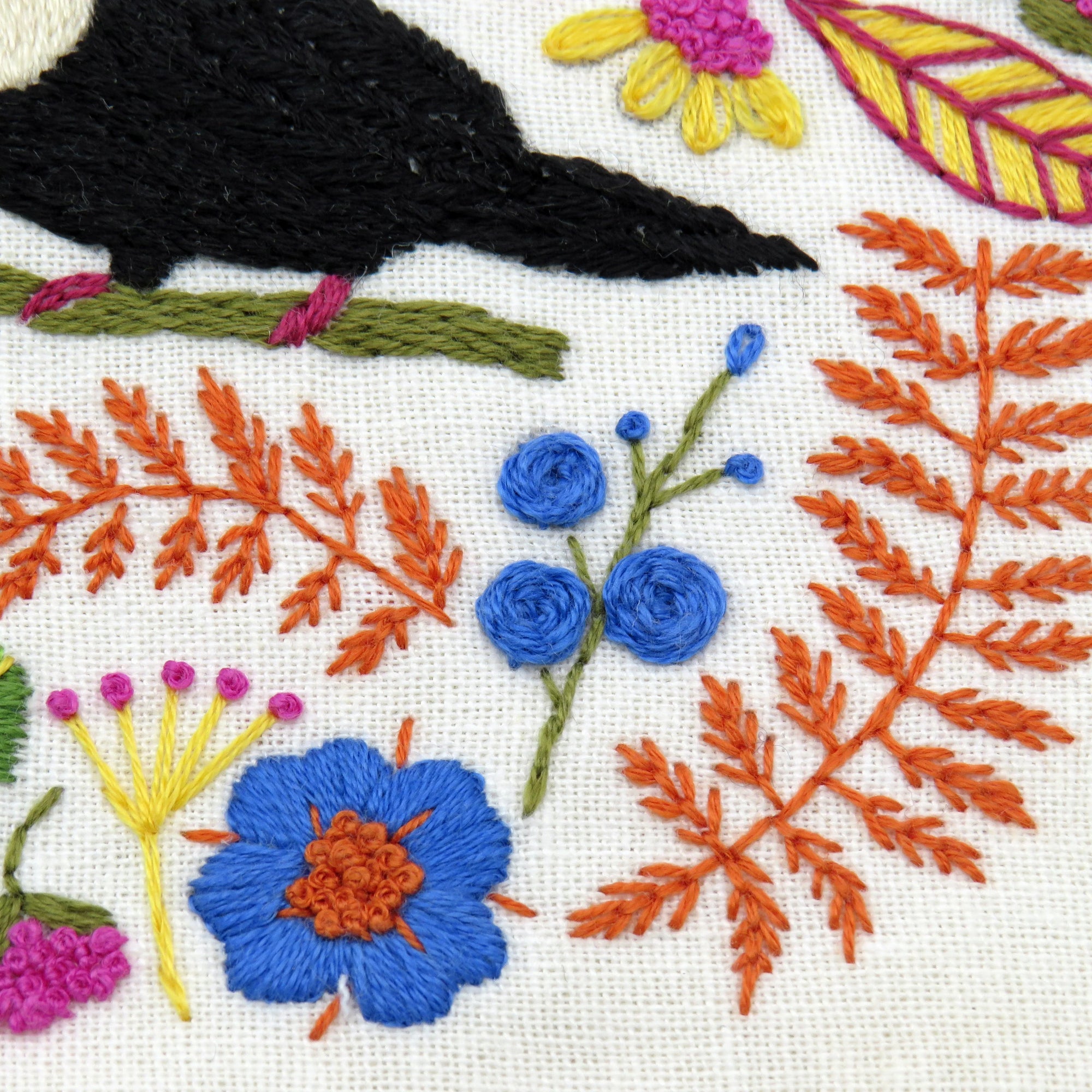 Embroidered design with flowers, leaves, and a bird on a white background