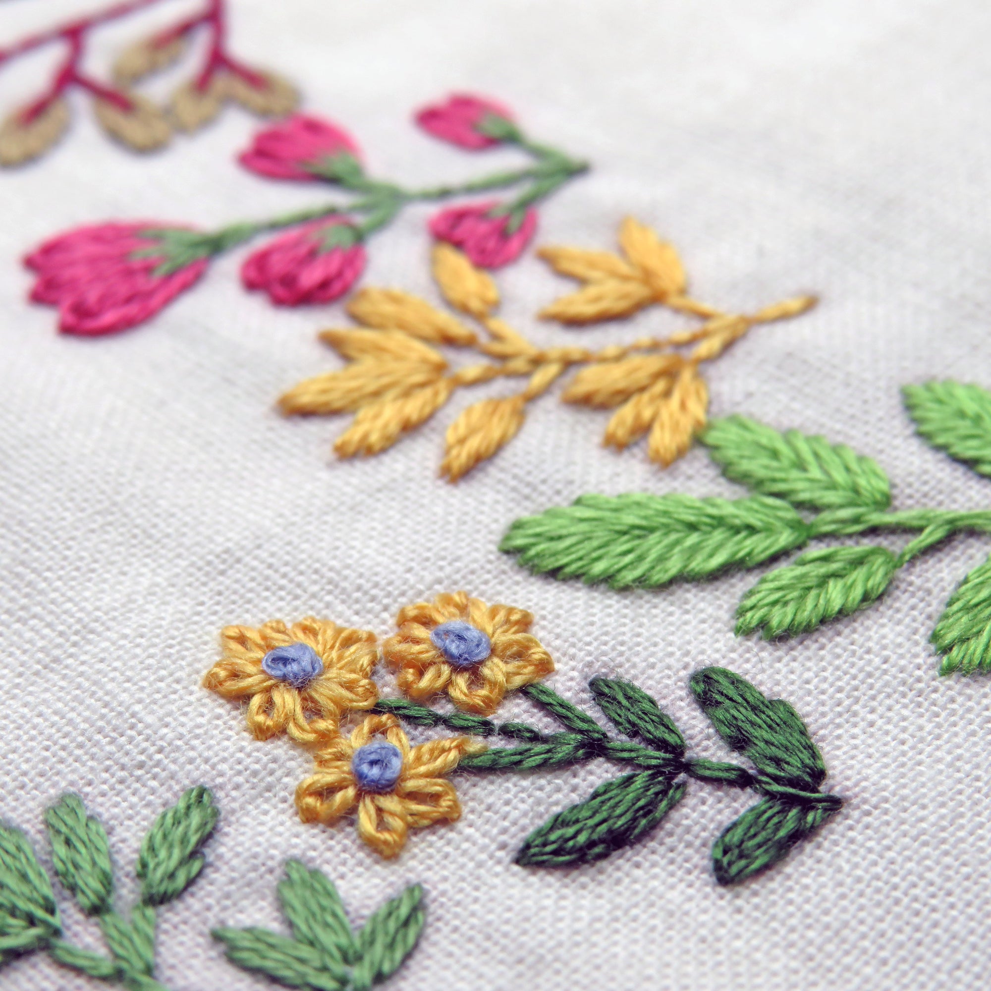 Close-up of colorful floral embroidery on white fabric