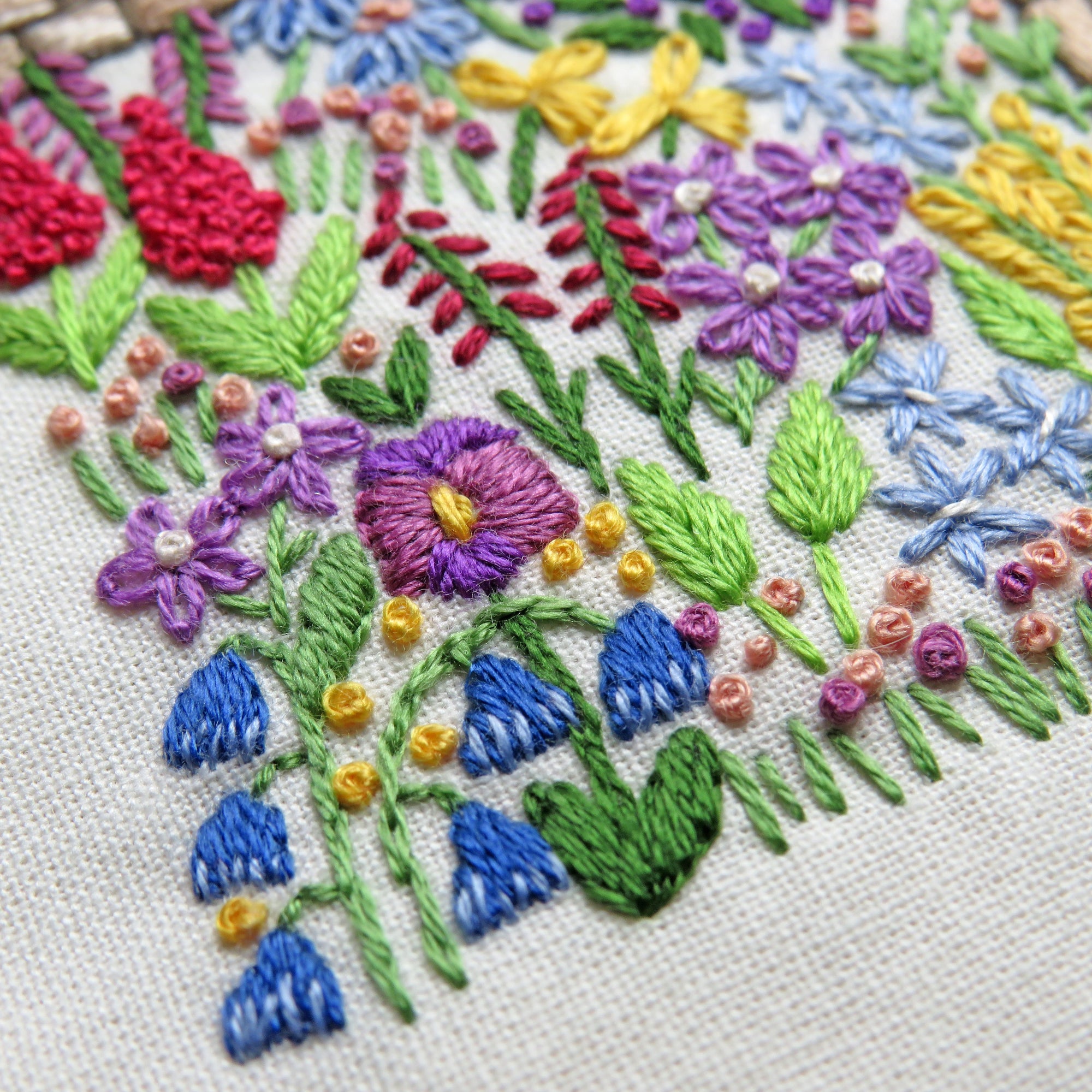 Close-up of colorful floral embroidery on fabric