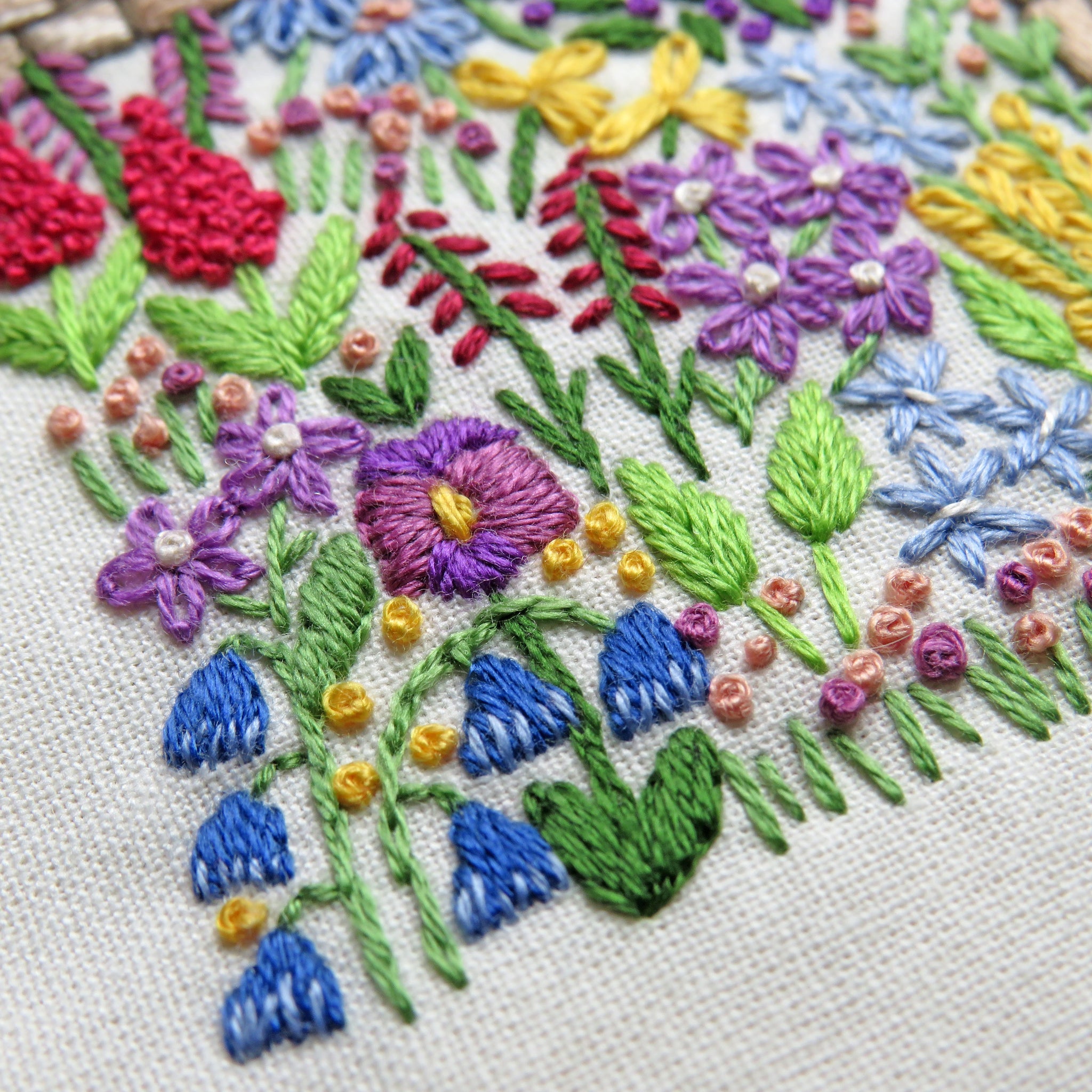 Close-up of colorful floral embroidery on fabric