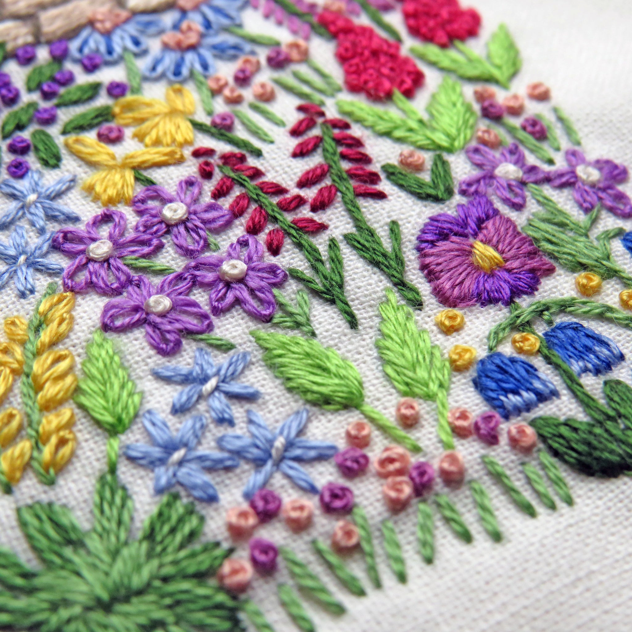 Close-up of colorful floral embroidery on fabric